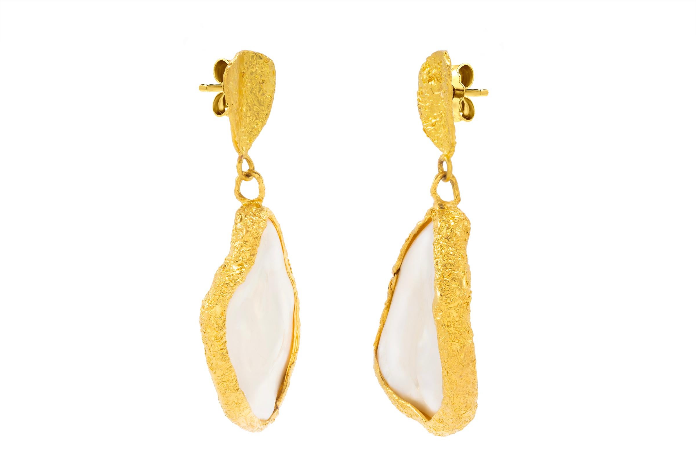 Rough Cut 22k Gold Pearl Teardrop Earrings by Tagili For Sale