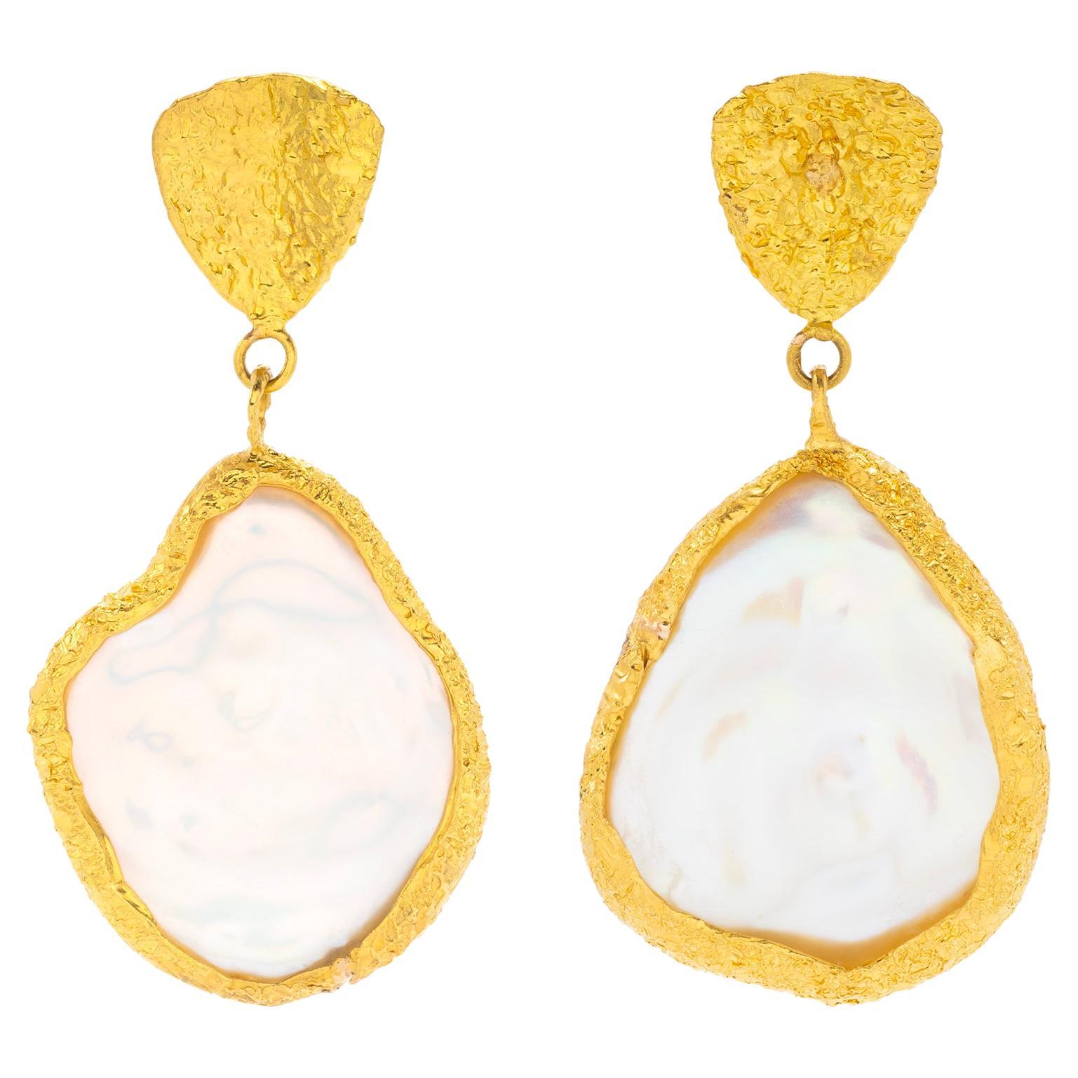 22k Gold Pearl Teardrop Earrings by Tagili For Sale