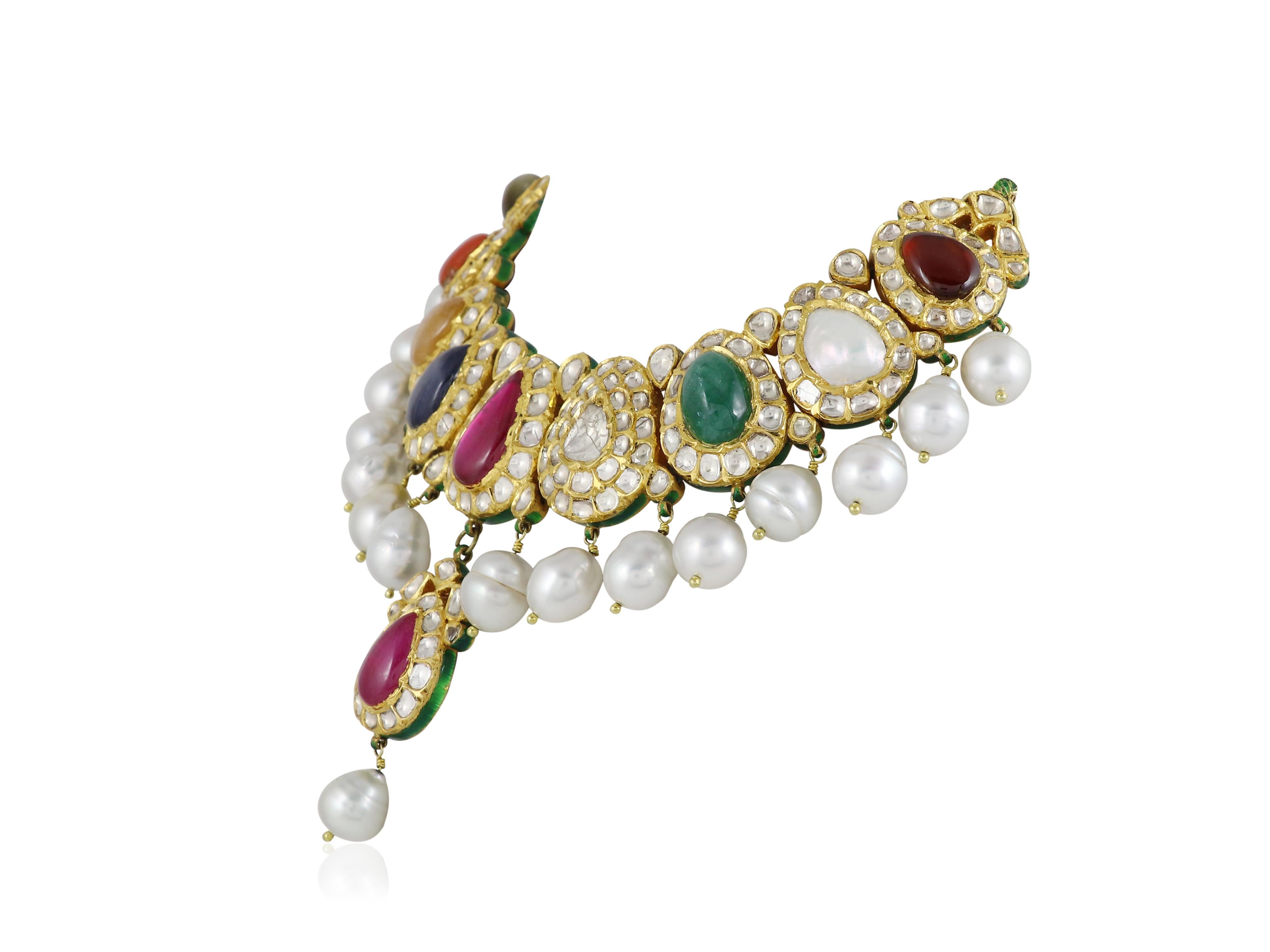 Cabochon 22K indian bridal navratna diamond polki necklace set  Indian wedding jewellery For Sale