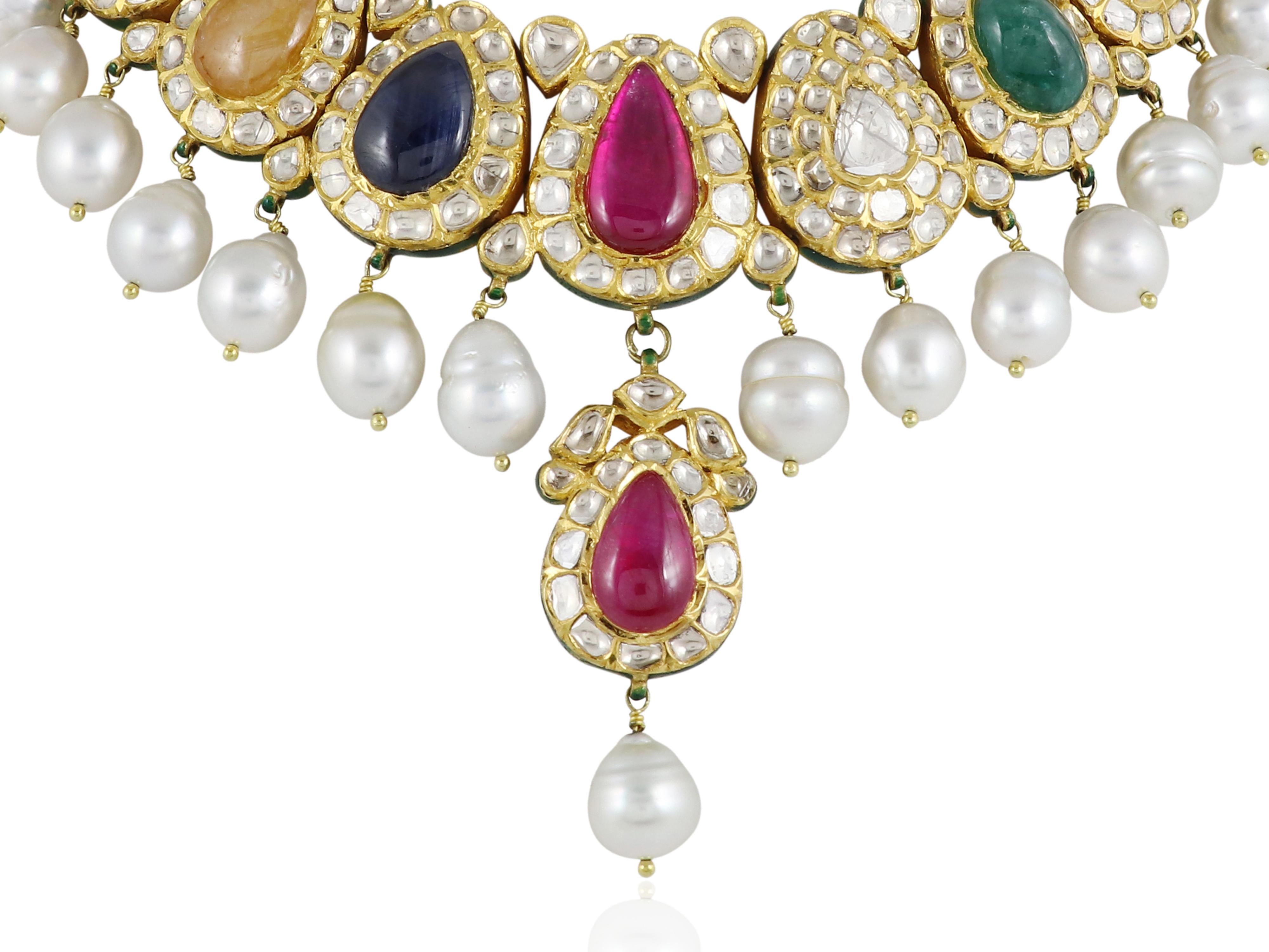 22K indian bridal navratna diamond polki necklace set  Indian wedding jewellery In New Condition For Sale In Bangkok,, TH