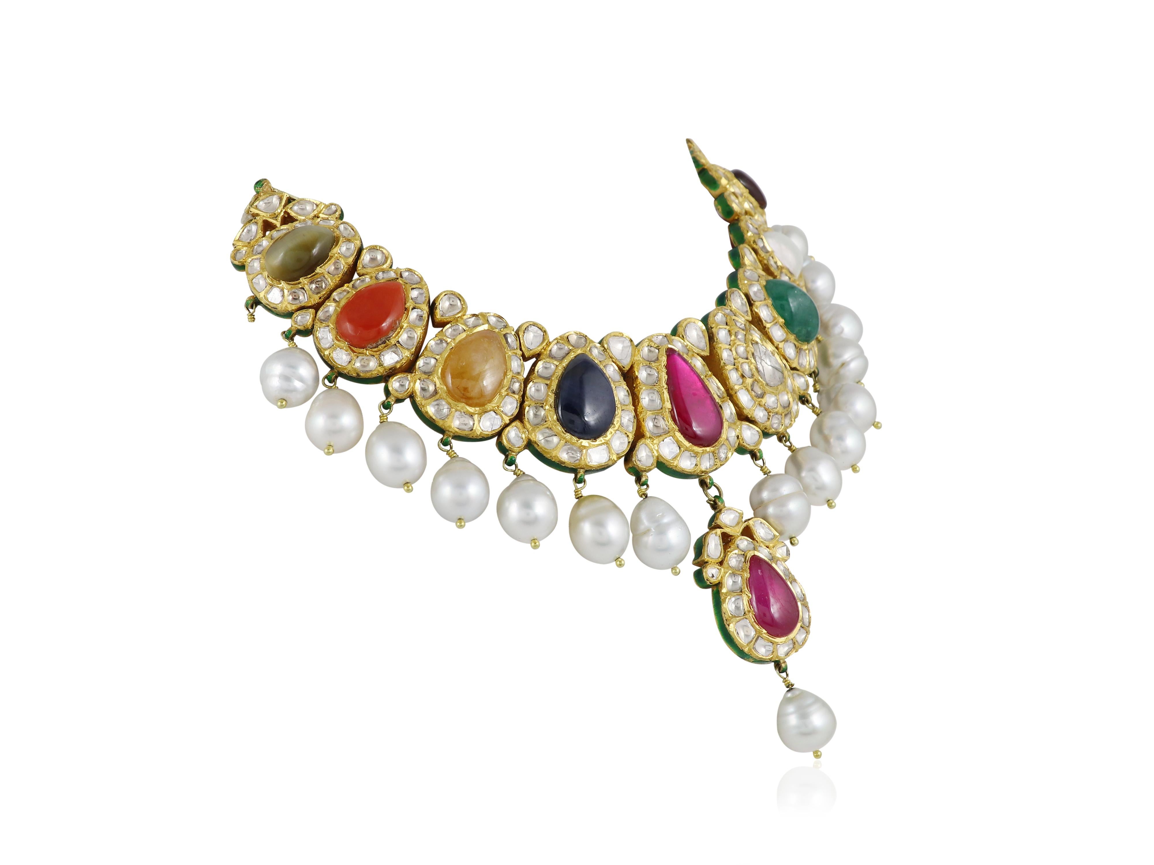 Women's 22K indian bridal navratna diamond polki necklace set  Indian wedding jewellery For Sale