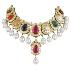 22 Karat indianische Braut navratna Diamant-Halskette Set  Indischer Hochzeitsschmuck