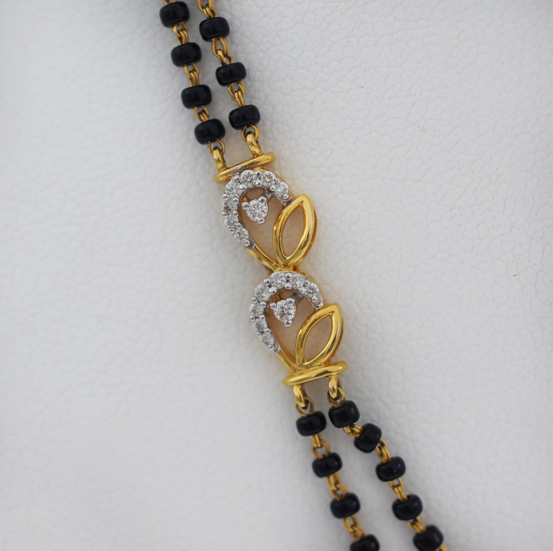 Round Cut 22k Indian Yellow Gold Diamonds and Black Bead Mangalsutra Necklace For Sale