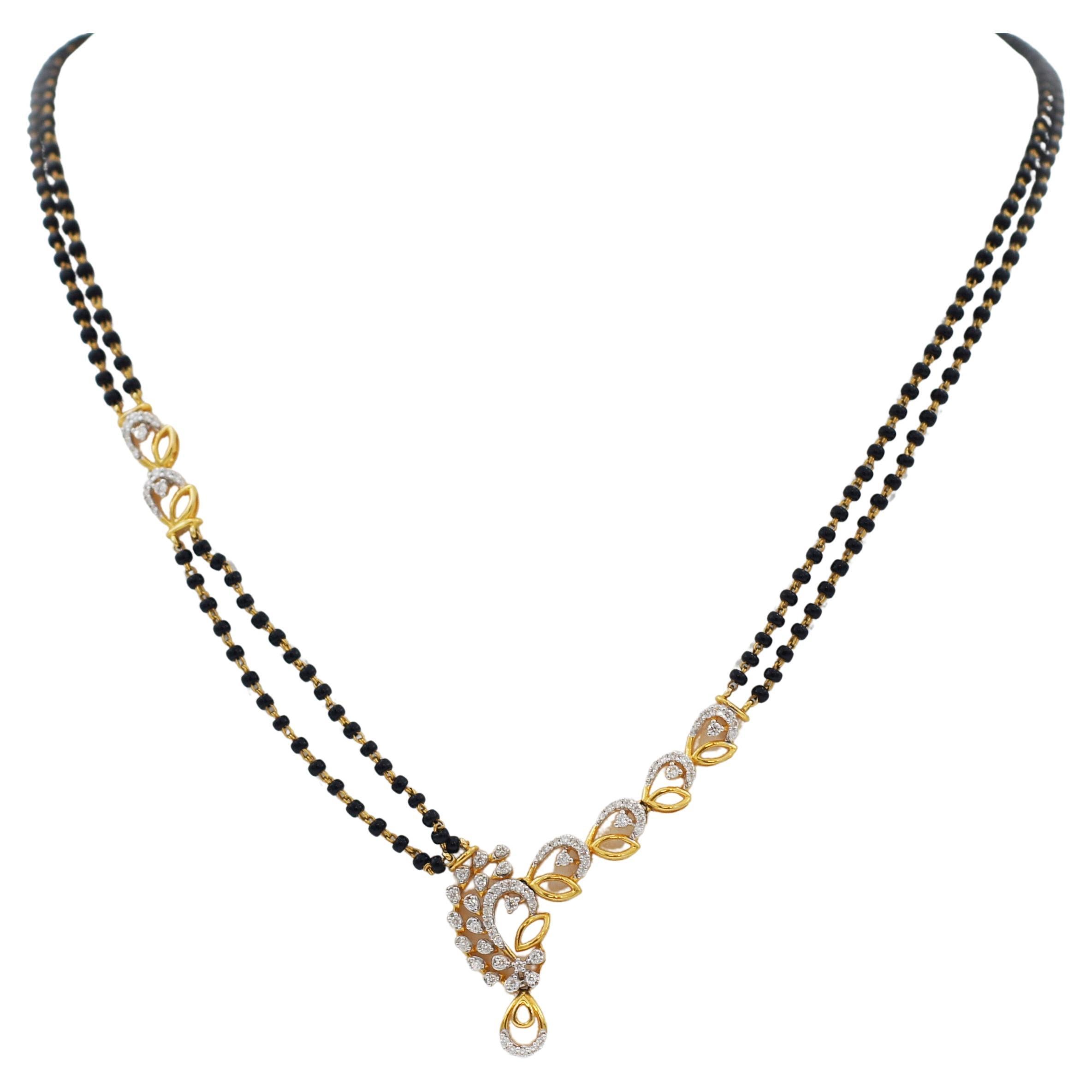 Mangalsutra-Halskette aus 22 Karat indischem Gelbgold mit Diamanten und schwarzen Perlen