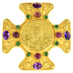 22K Jeweled Cross brooch/pendant centering an ancient Byzantine Coin of Christ