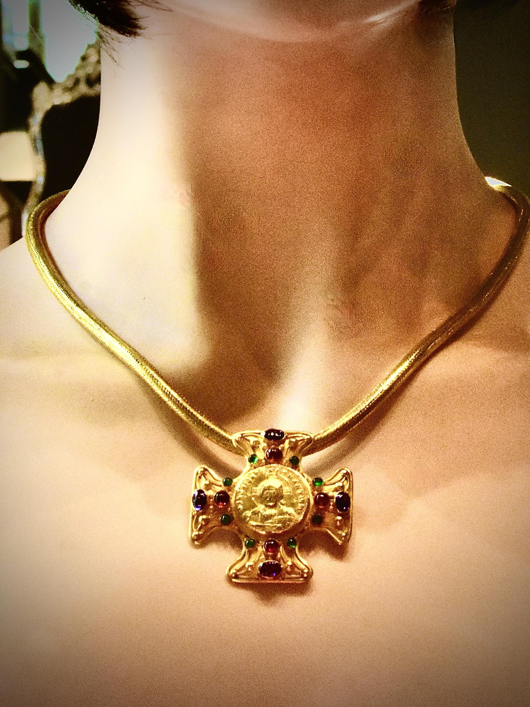 22K Jeweled Cross pin/pendant centering an ancient Byzantine Coin of Christ 6