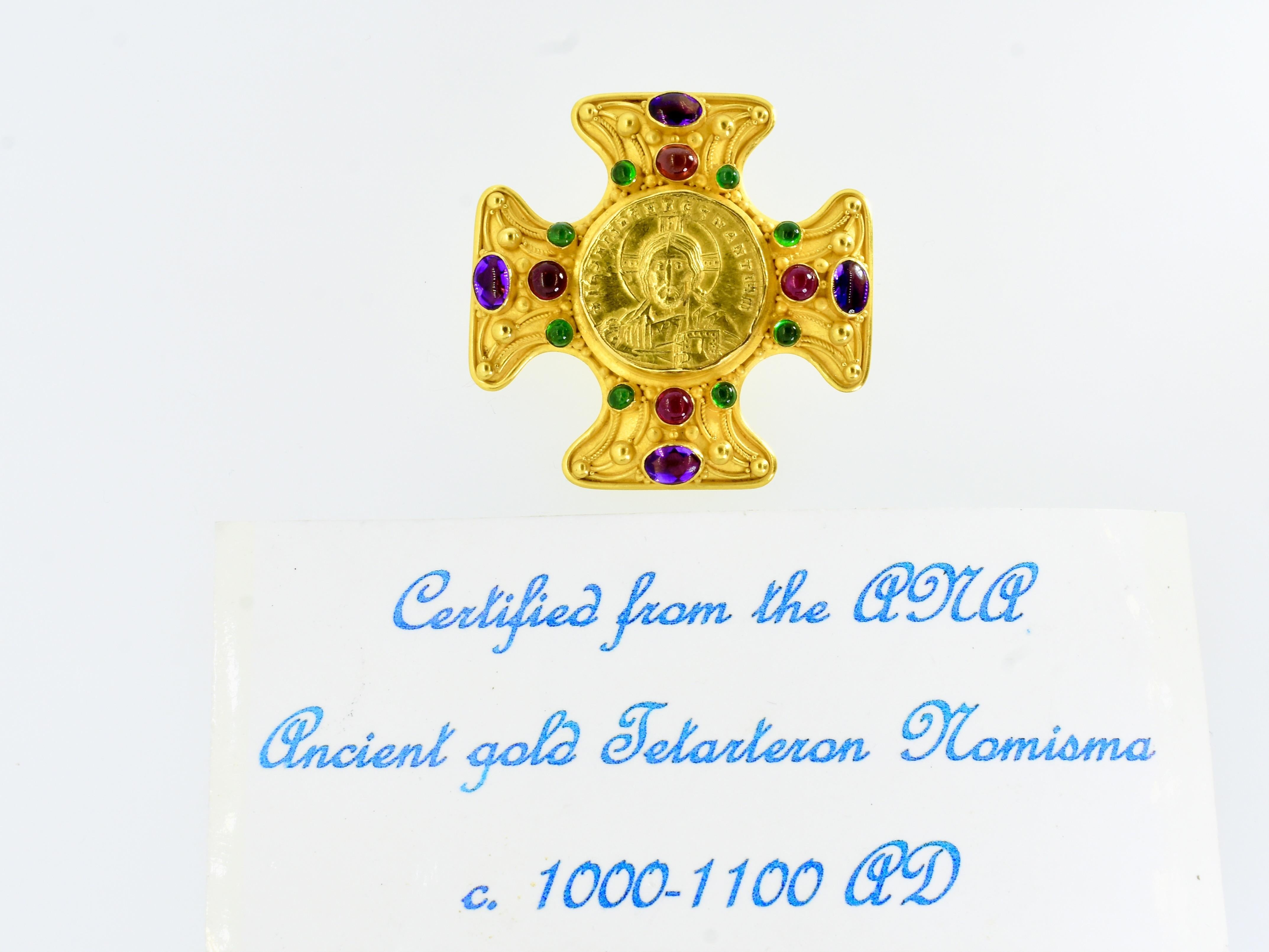 22K Jeweled Cross pin/pendant centering an ancient Byzantine Coin of Christ 7