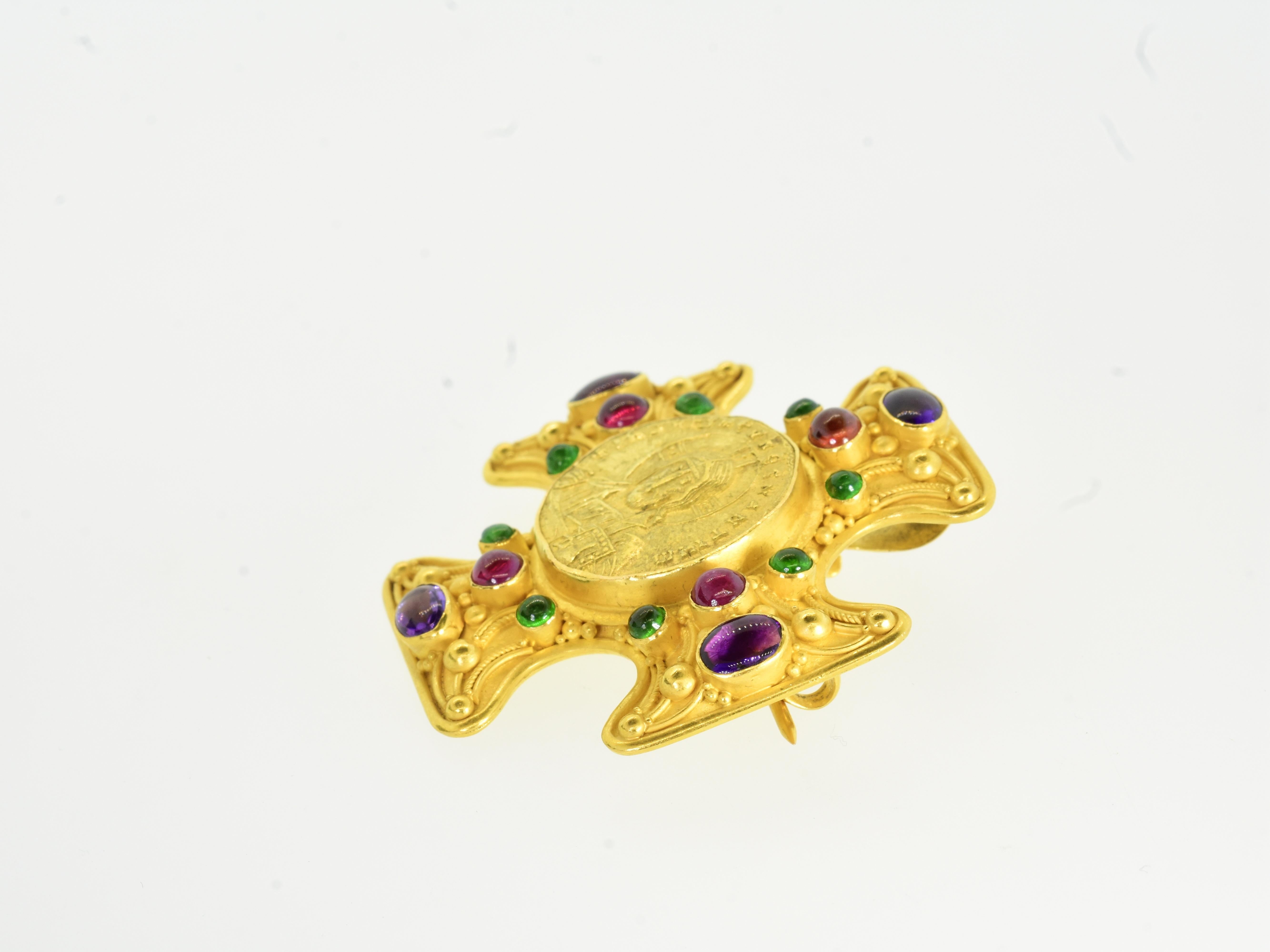 22K Jeweled Cross pin/pendant centering an ancient Byzantine Coin of Christ 9