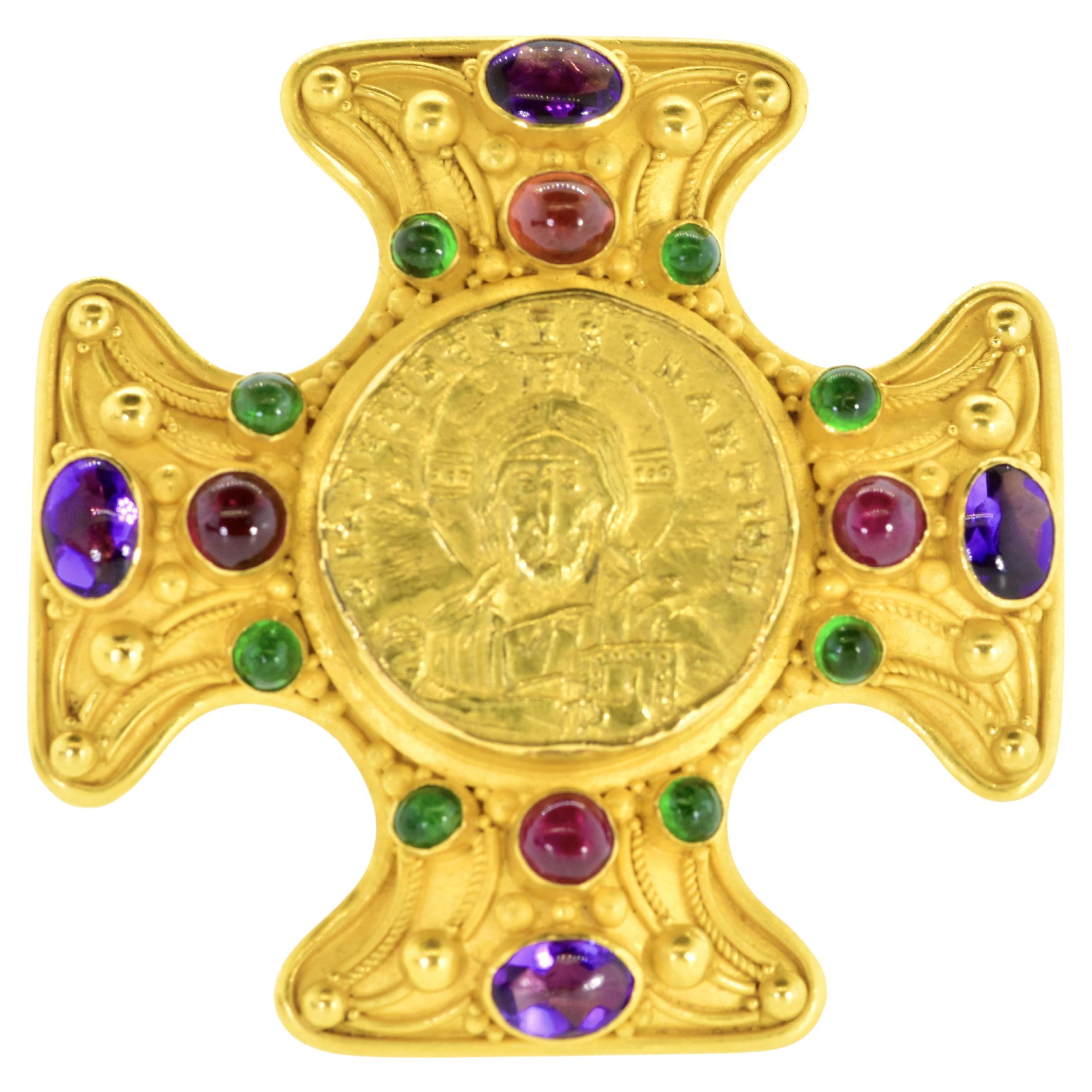 Contemporary 22K Jeweled Cross pin/pendant centering an ancient Byzantine Coin of Christ
