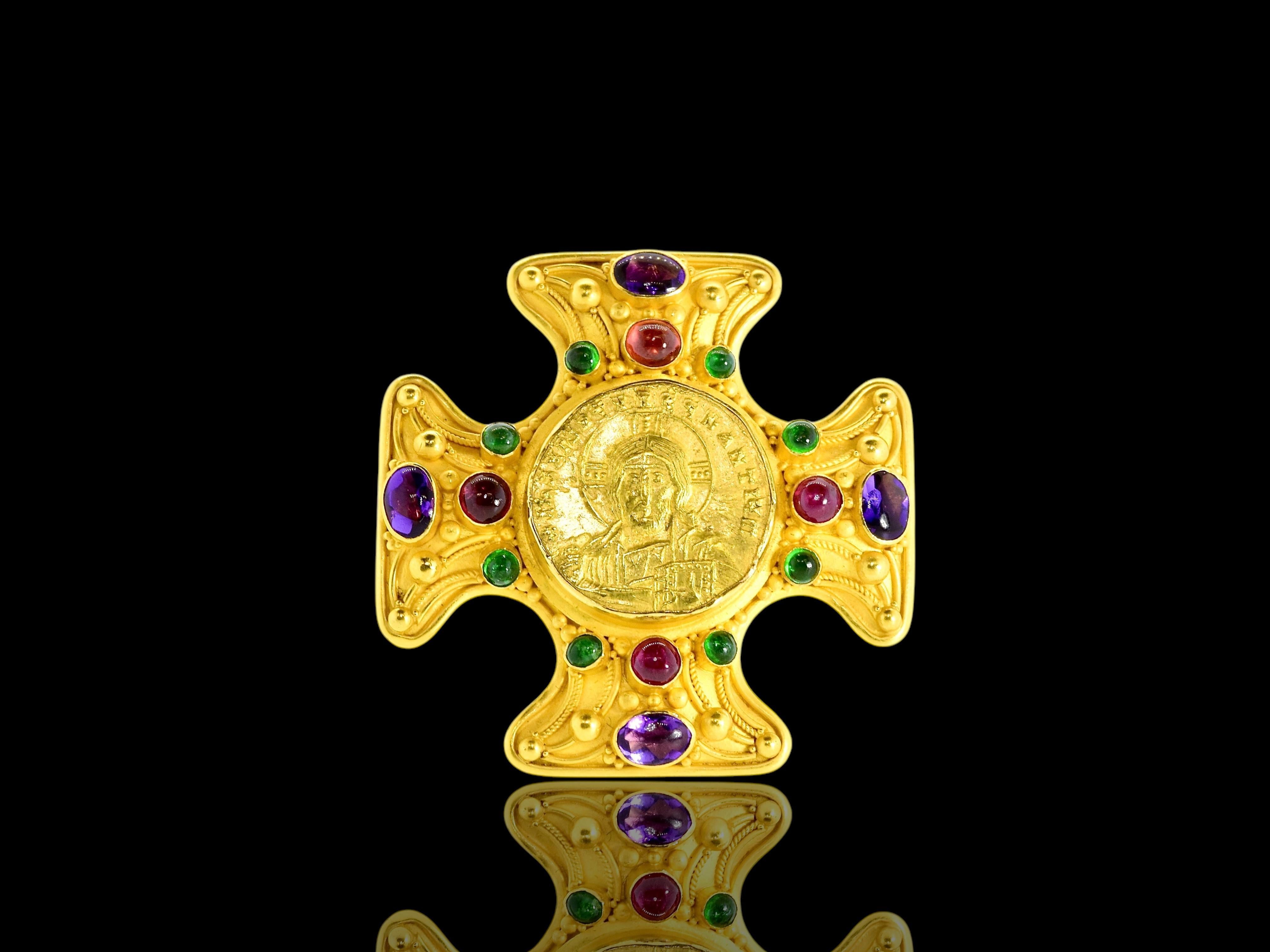 22K Jeweled Cross pin/pendant centering an ancient Byzantine Coin of Christ In Excellent Condition In Aspen, CO