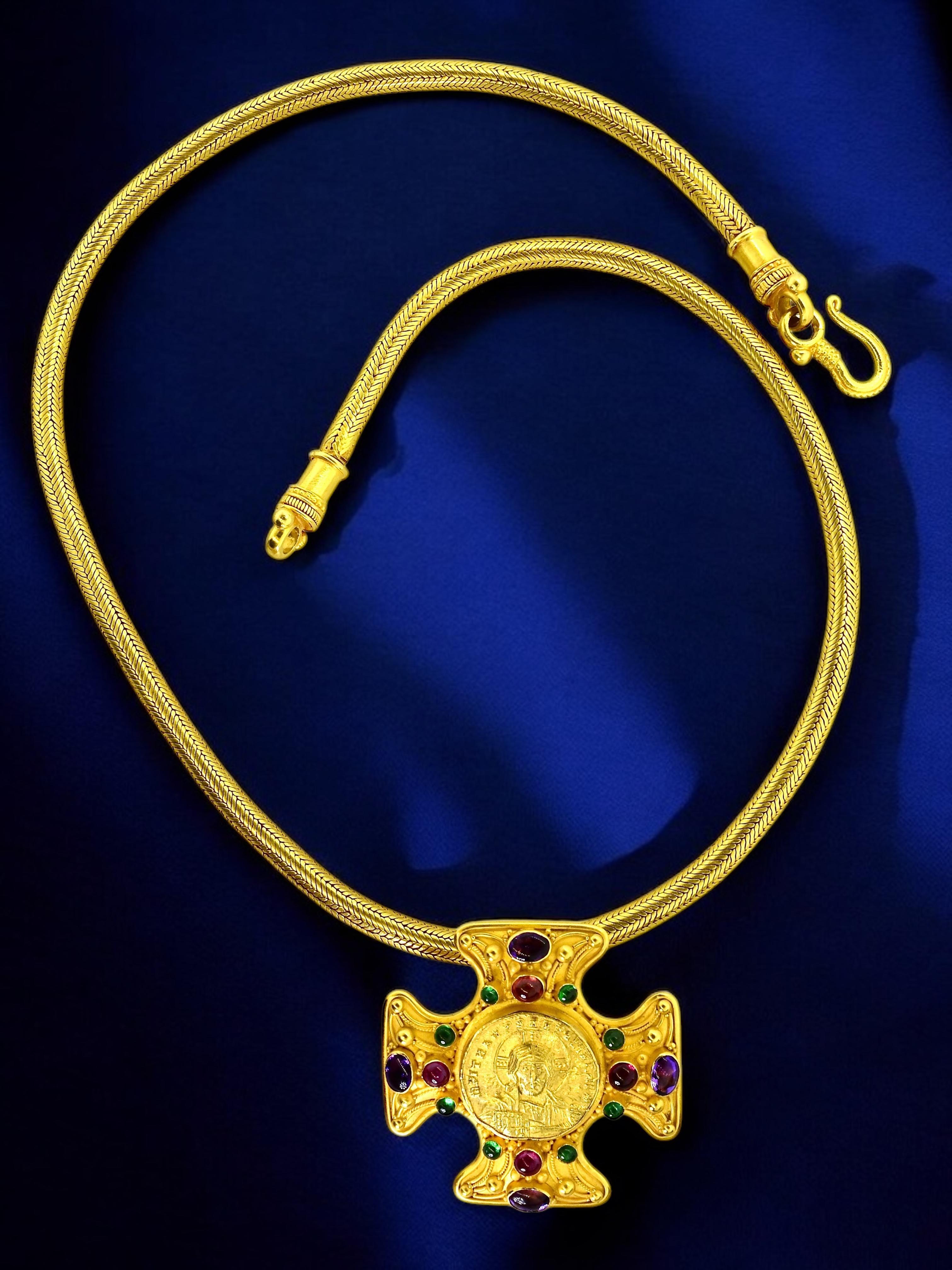 Women's or Men's 22K Jeweled Cross pin/pendant centering an ancient Byzantine Coin of Christ