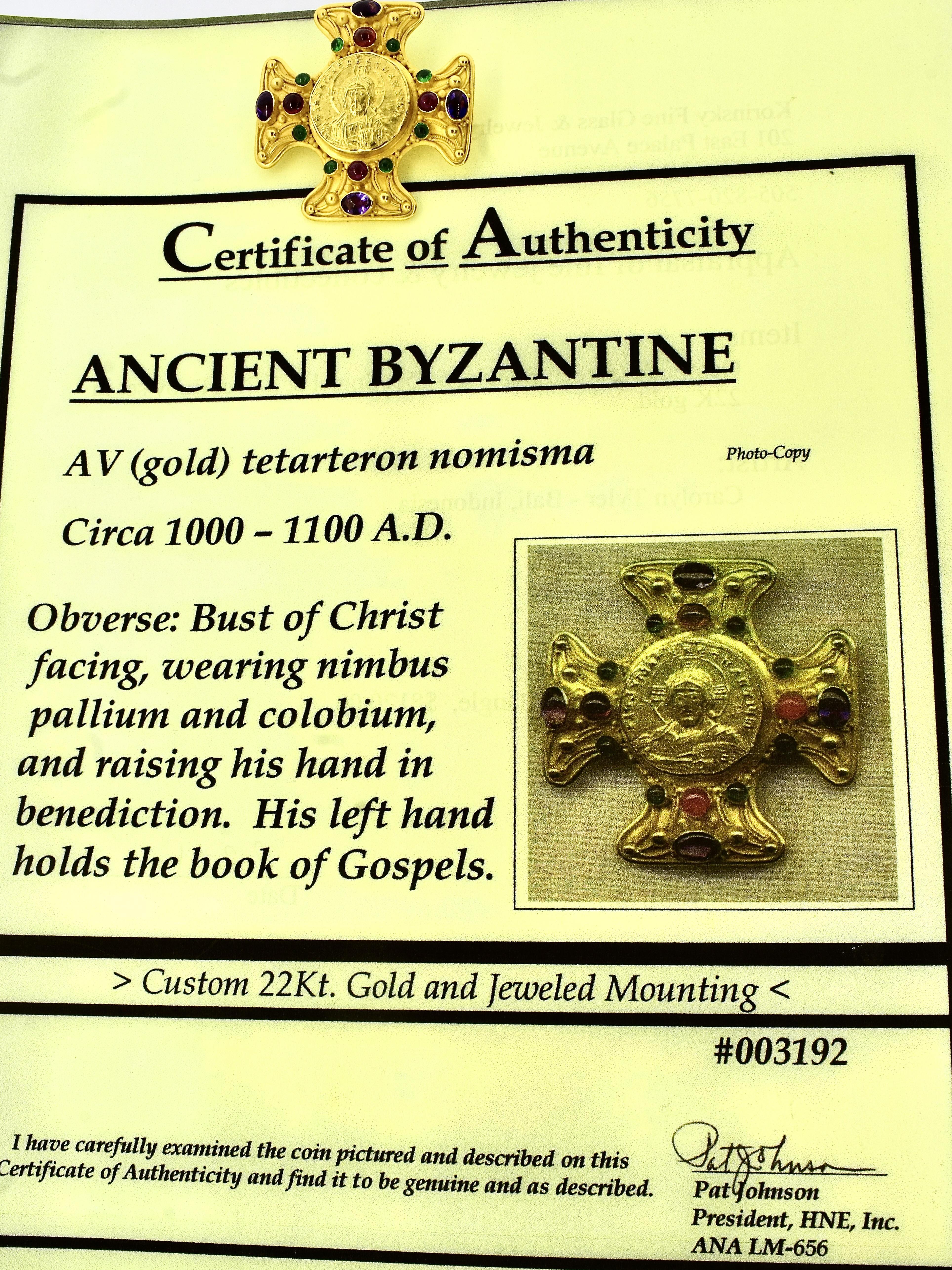 22K Jeweled Cross pin/pendant centering an ancient Byzantine Coin of Christ 2