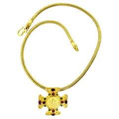 22K Jeweled Cross pin/pendant centering an ancient Byzantine Coin of Christ