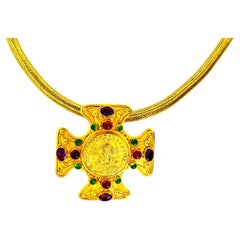 22K Jeweled Cross pin/pendant centering an ancient Byzantine Coin of Christ