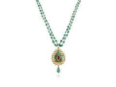 22K Mughal Emerald & Ruby Pendant with Polki Diamonds for weddings
