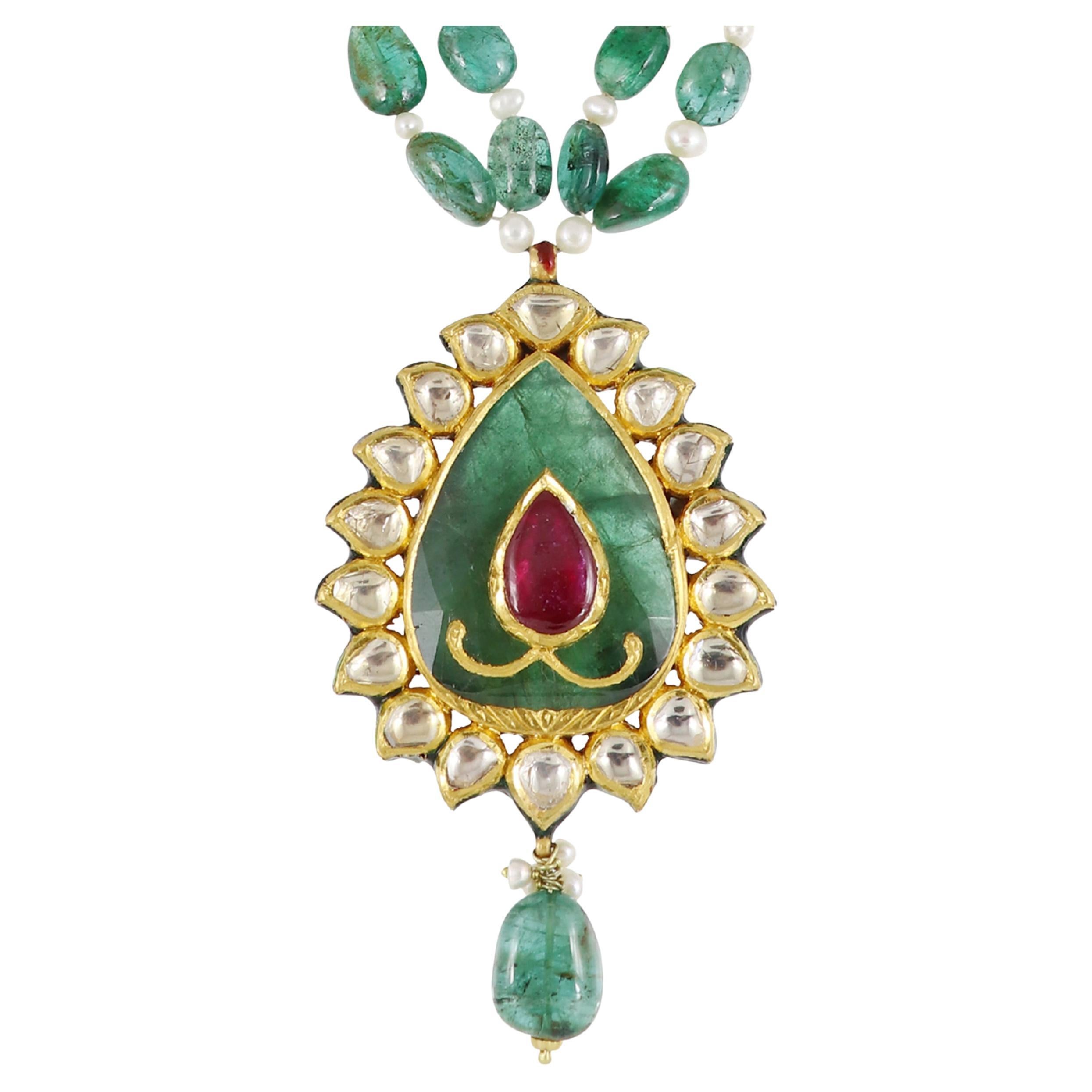 Pendentif de mariage en émeraude moghol et rubis 22 carats avec diamants Polki