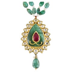 22K Mughal Emerald & Ruby Pendant with Polki Diamonds for weddings