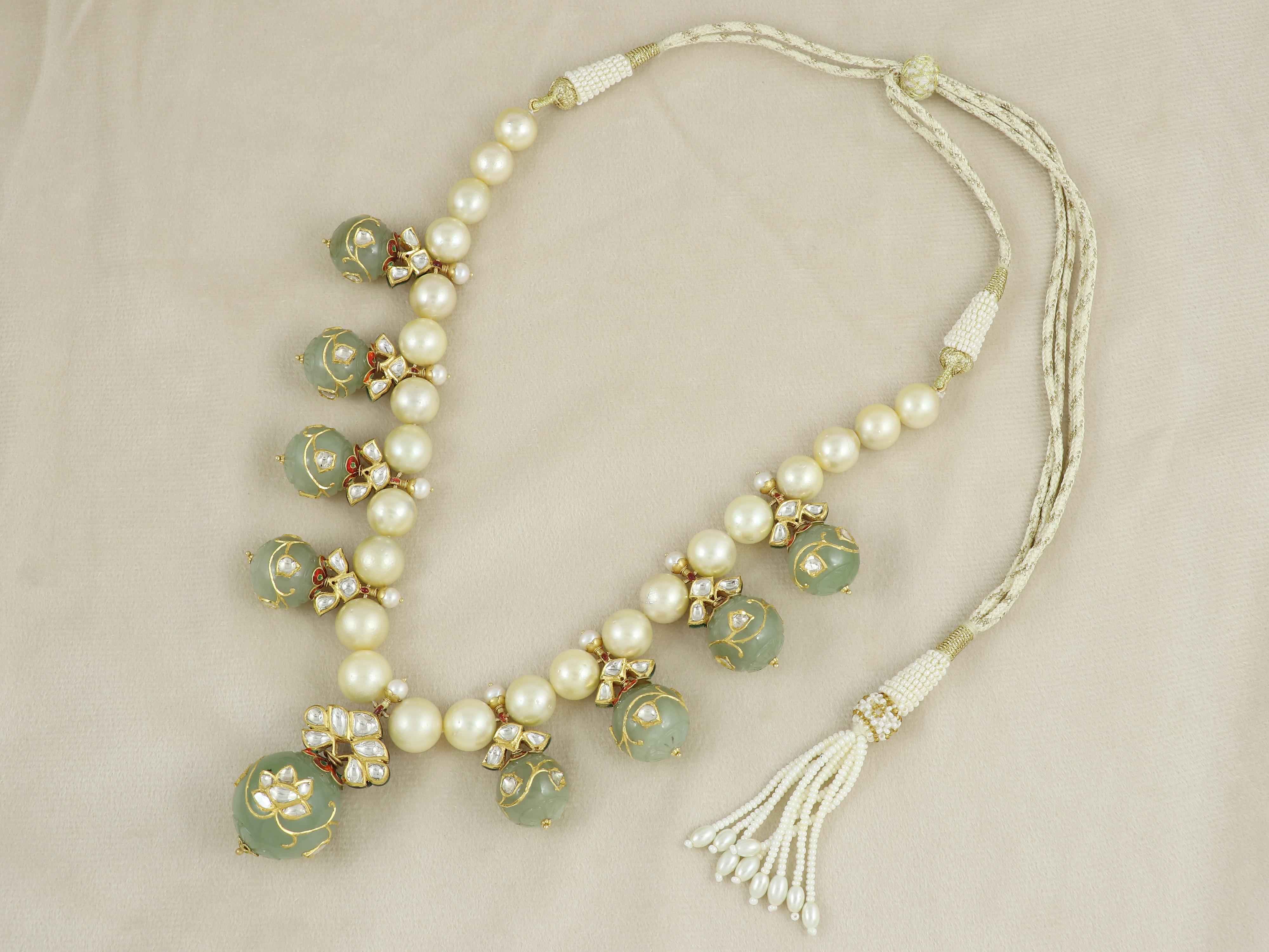 22K Mughal Maharaja Jade ball necklace with diamond polki and south sea pearl For Sale 5