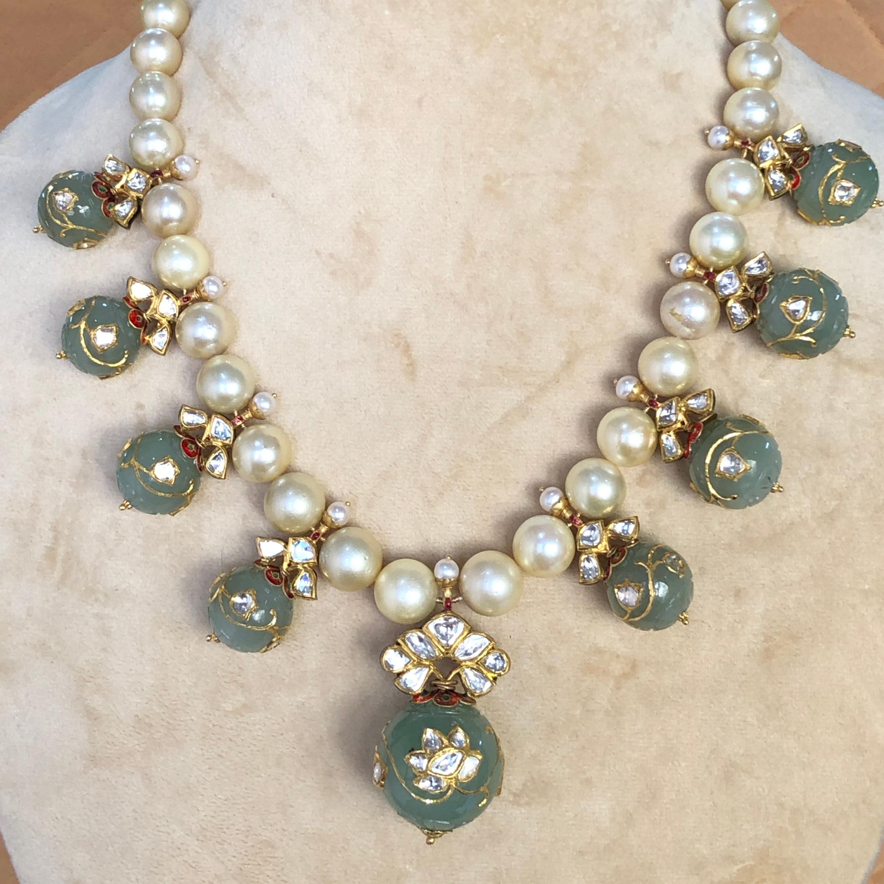 22K Mughal Maharaja Jade ball necklace with diamond polki and south sea pearl For Sale 6