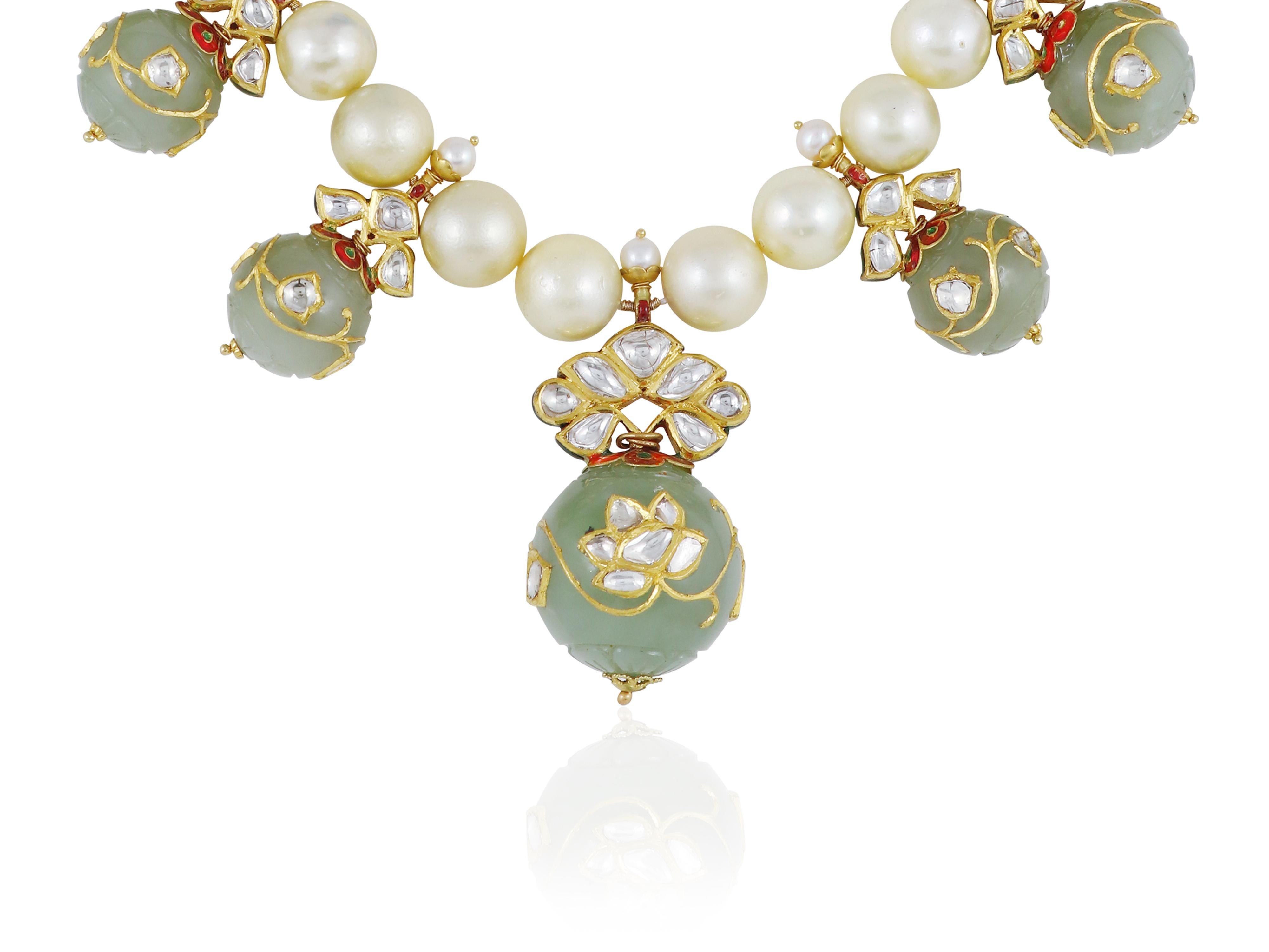 Tumbled 22K Mughal Maharaja Jade ball necklace with diamond polki and south sea pearl For Sale
