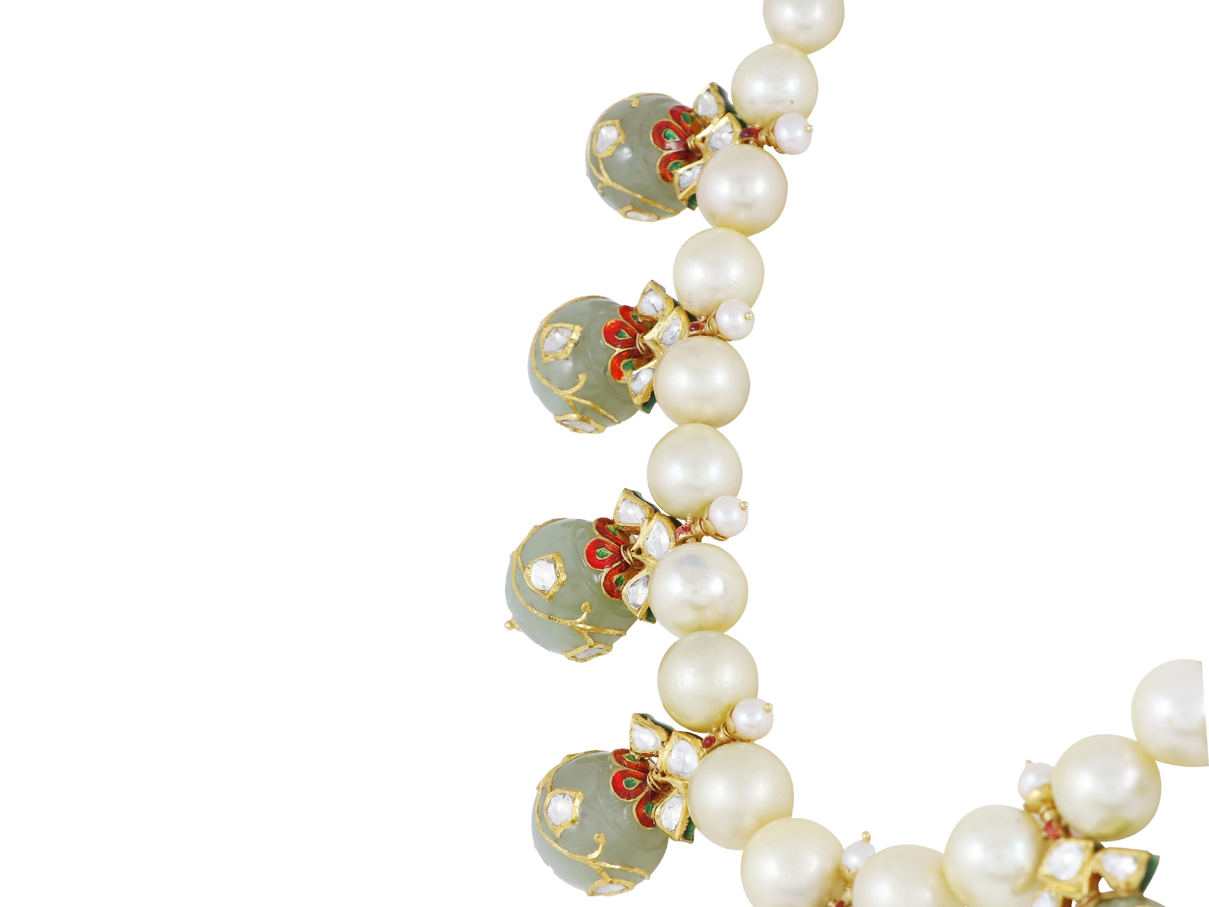 Women's 22K Mughal Maharaja Jade ball necklace with diamond polki and south sea pearl For Sale