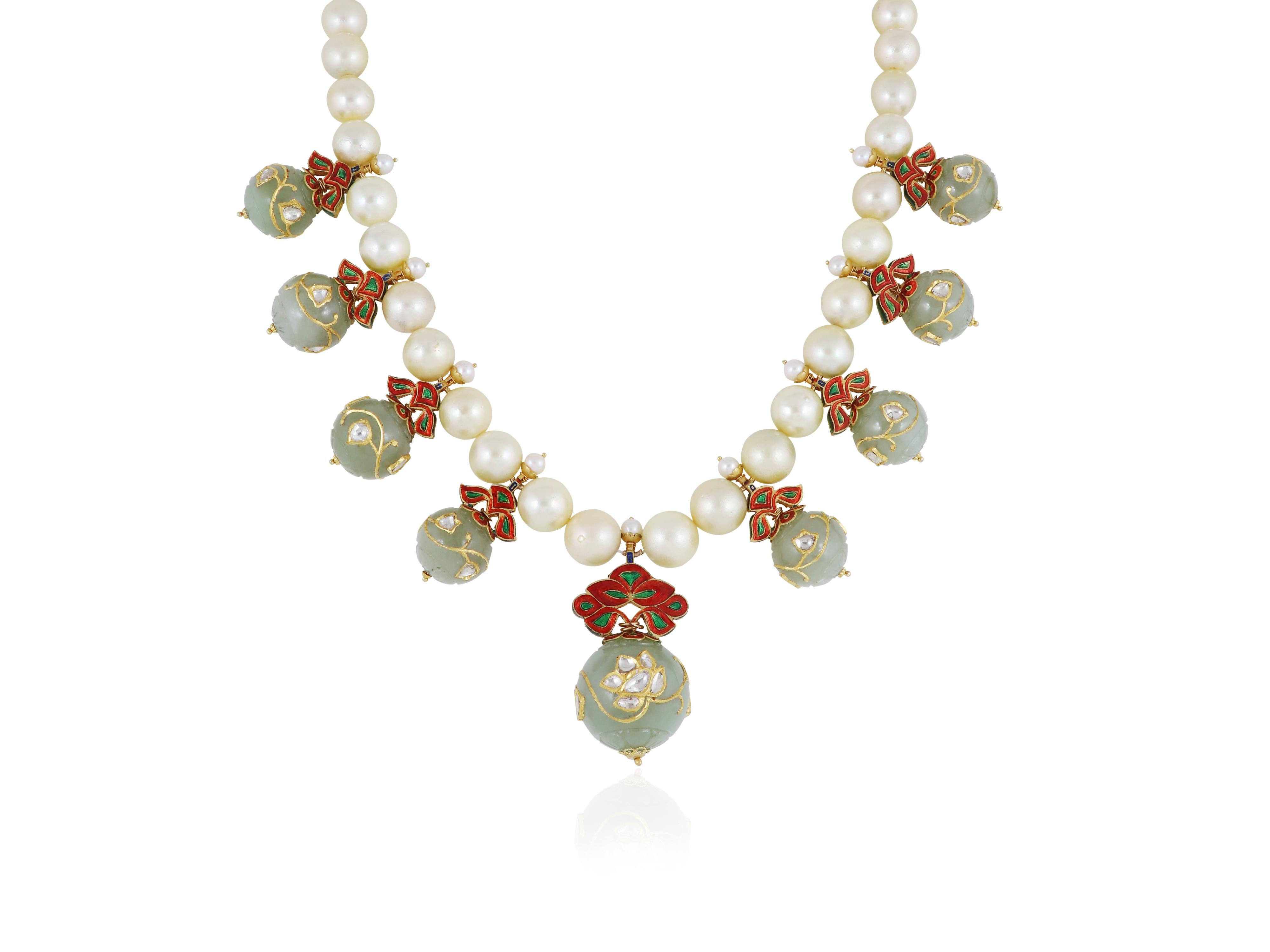 22K Mughal Maharaja Jade ball necklace with diamond polki and south sea pearl For Sale 1