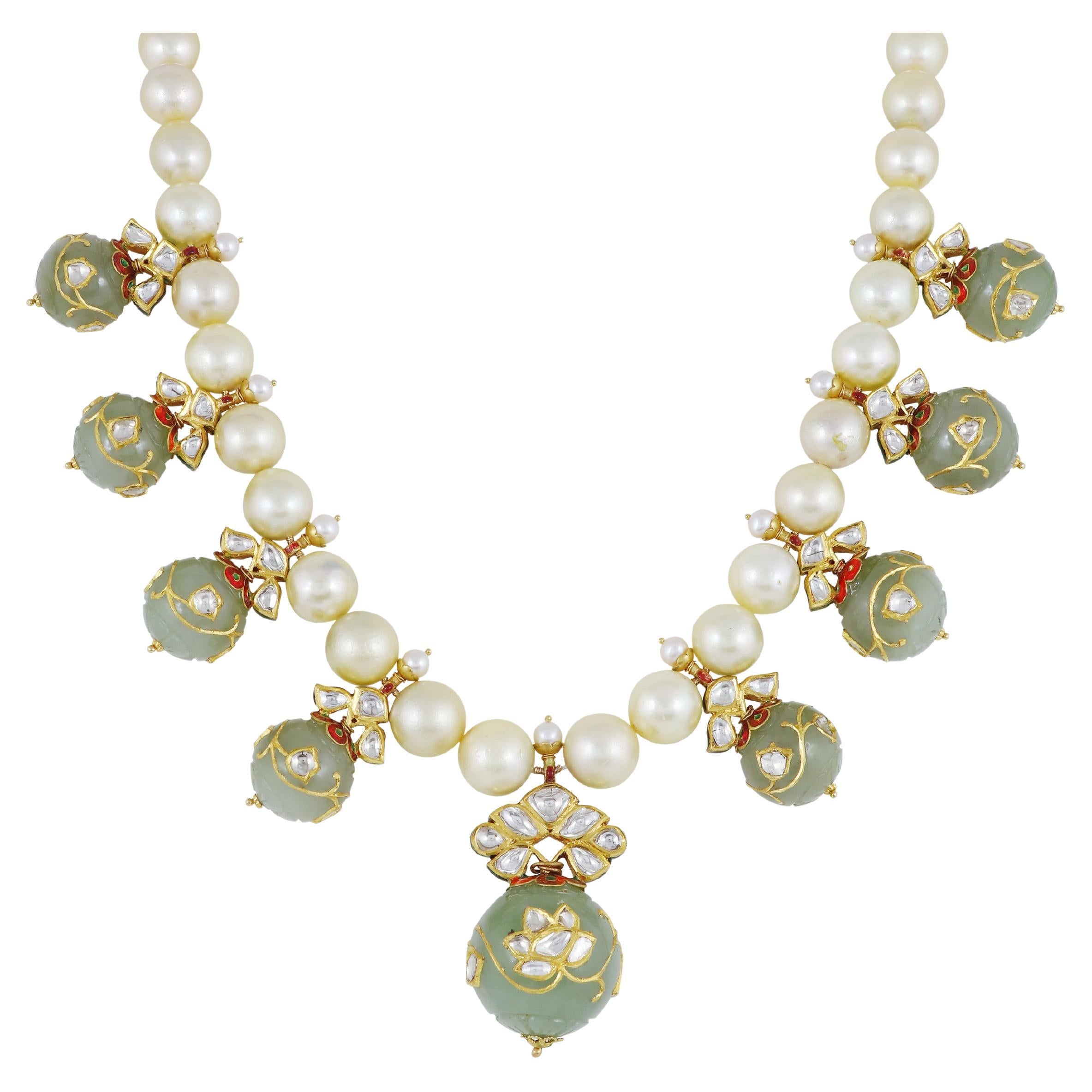 22K Mughal Maharaja Jade ball necklace with diamond polki and south sea pearl