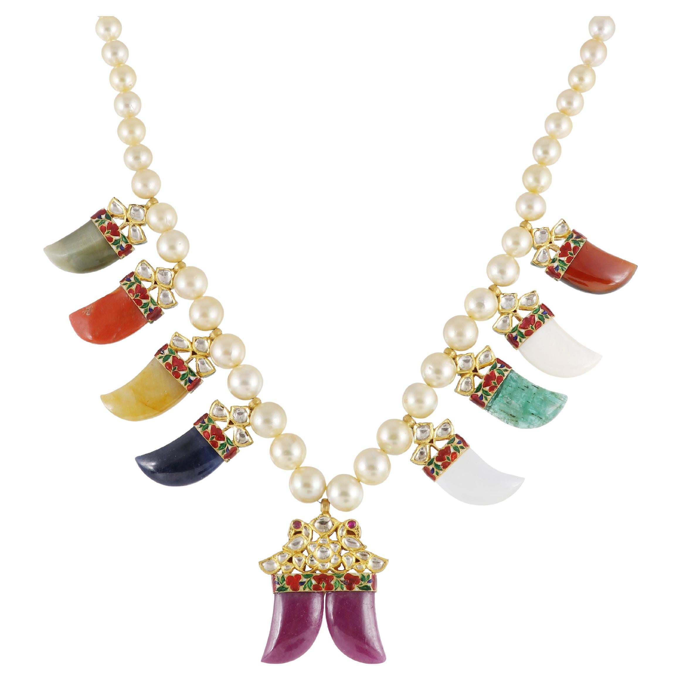 22K Navratna Necklace for Indian weddings with diamond polki & natural gemstones