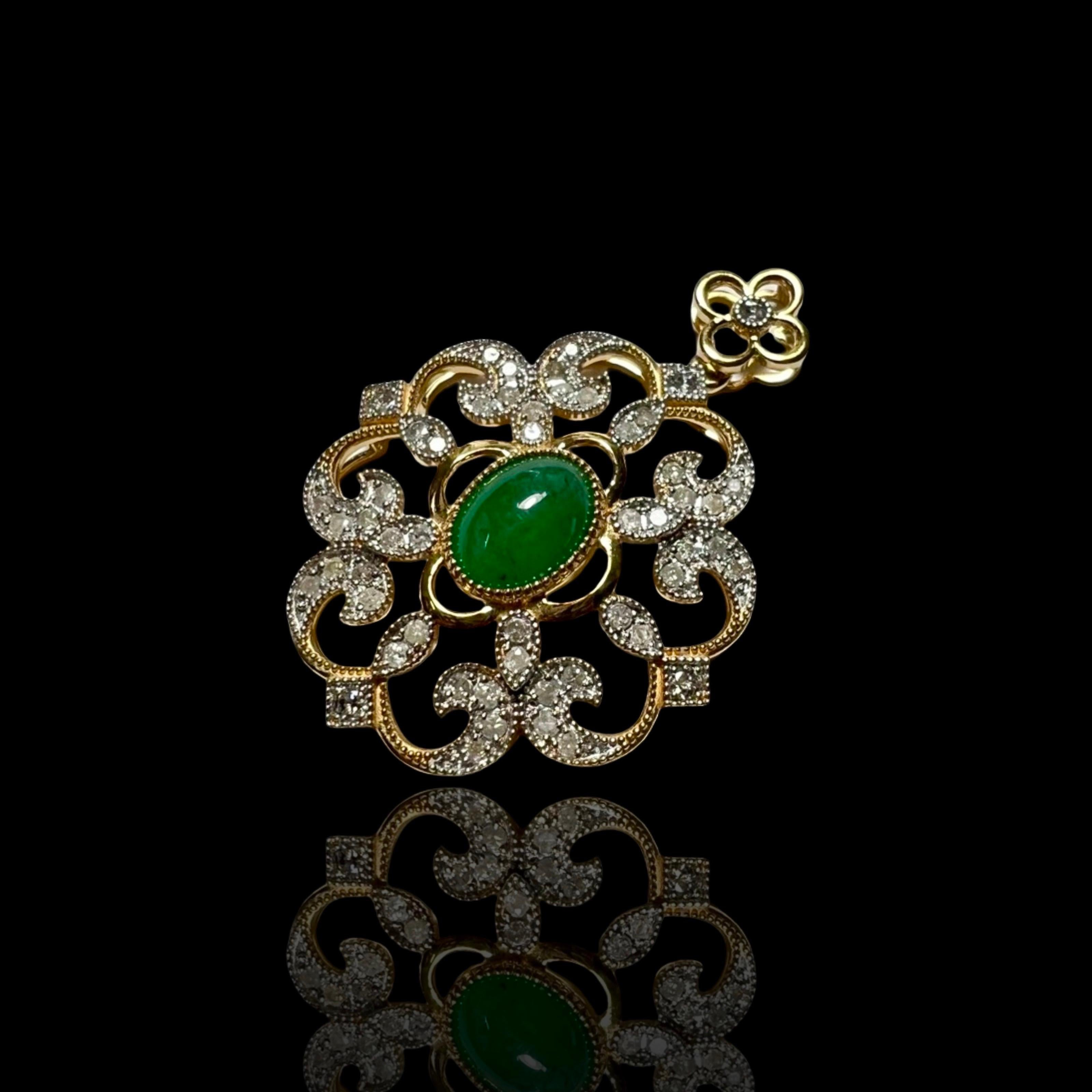 Art Nouveau 22K Solid Gold Emerald Pendant with Diamonds For Sale
