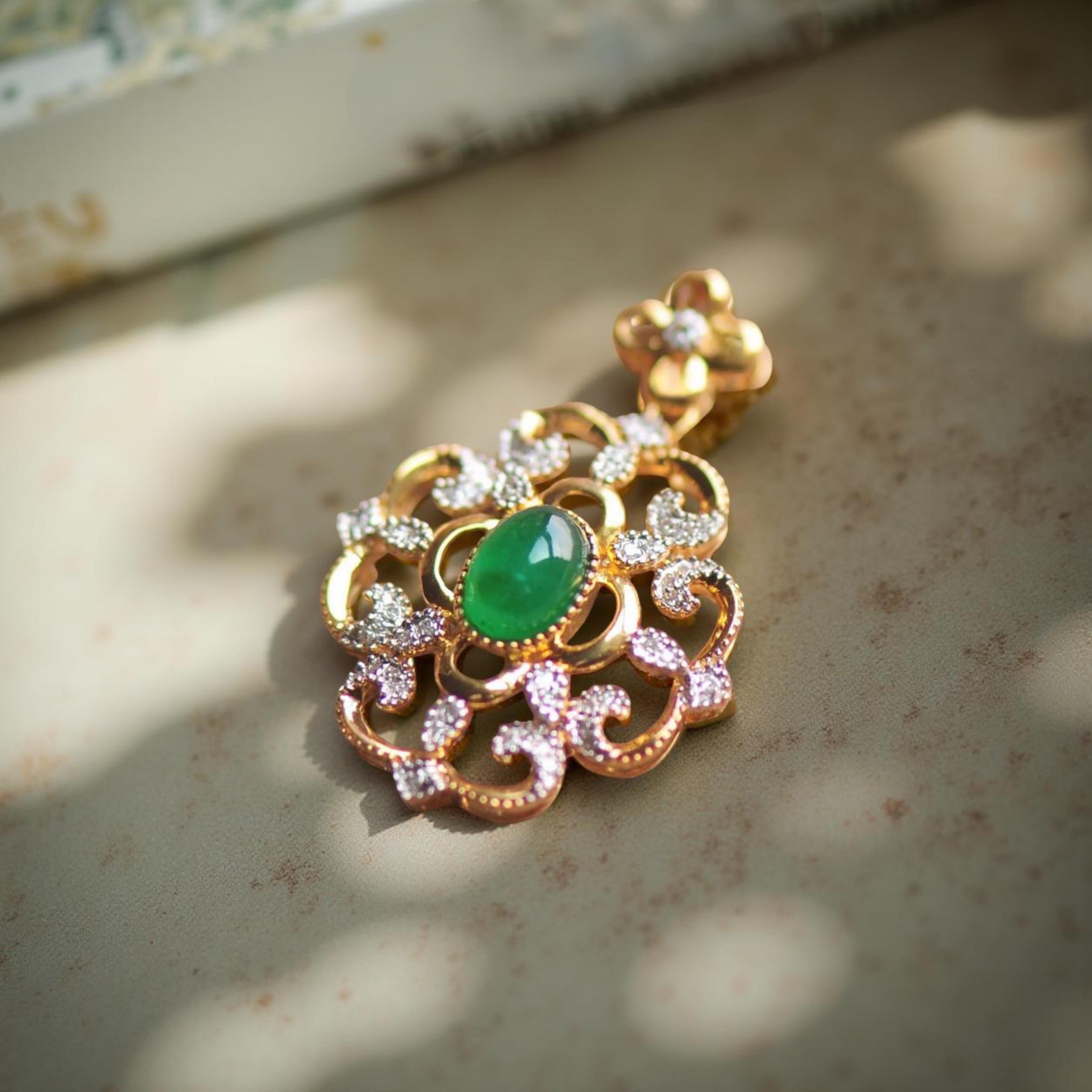 22K Solid Gold Emerald Pendant with Diamonds For Sale 1
