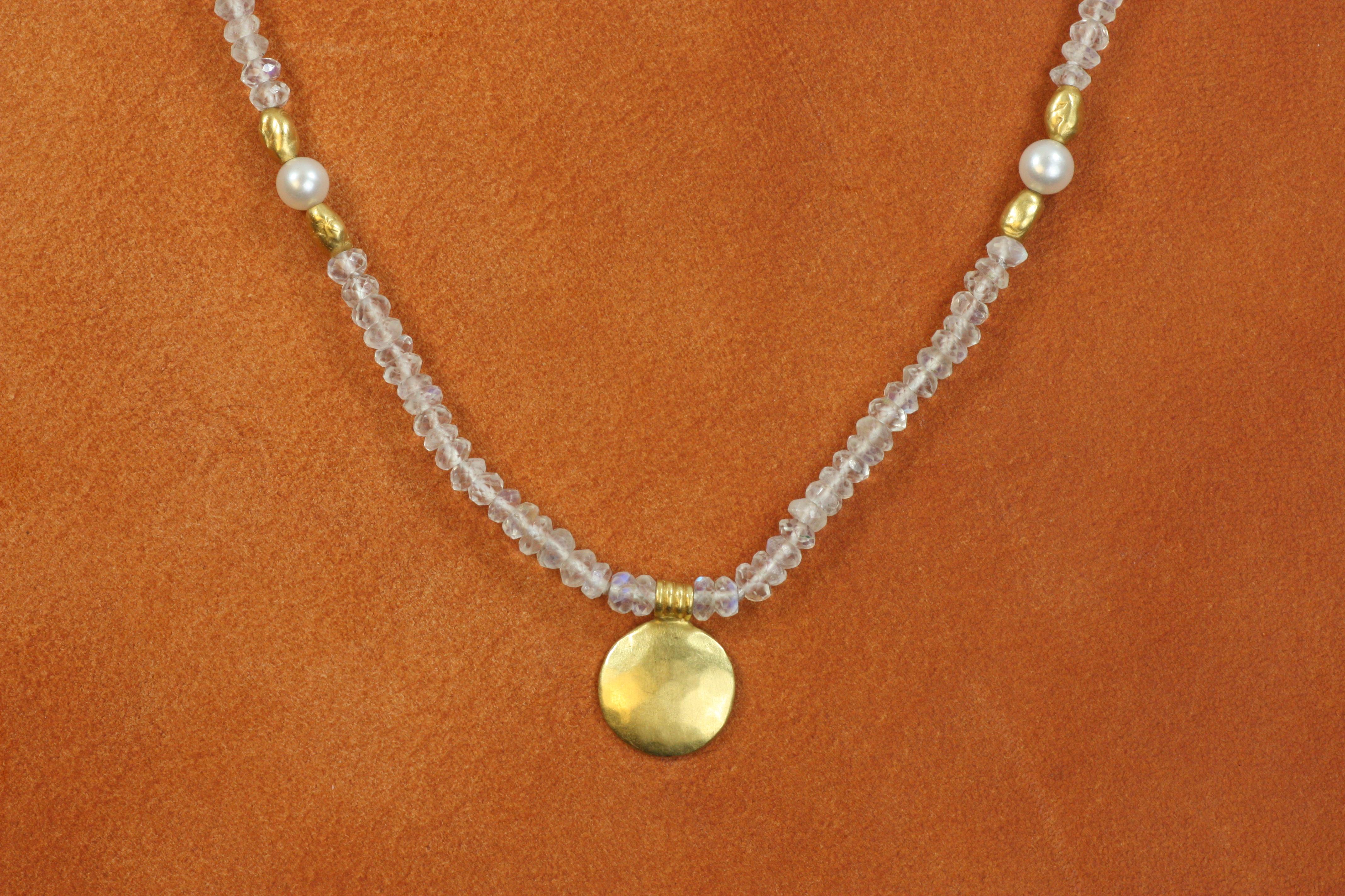 22K Sun Disc Moonstone Beaded Necklace – Pearls, Gold Nuggets, Egyptian Revival In New Condition For Sale In Santa Monica, CA