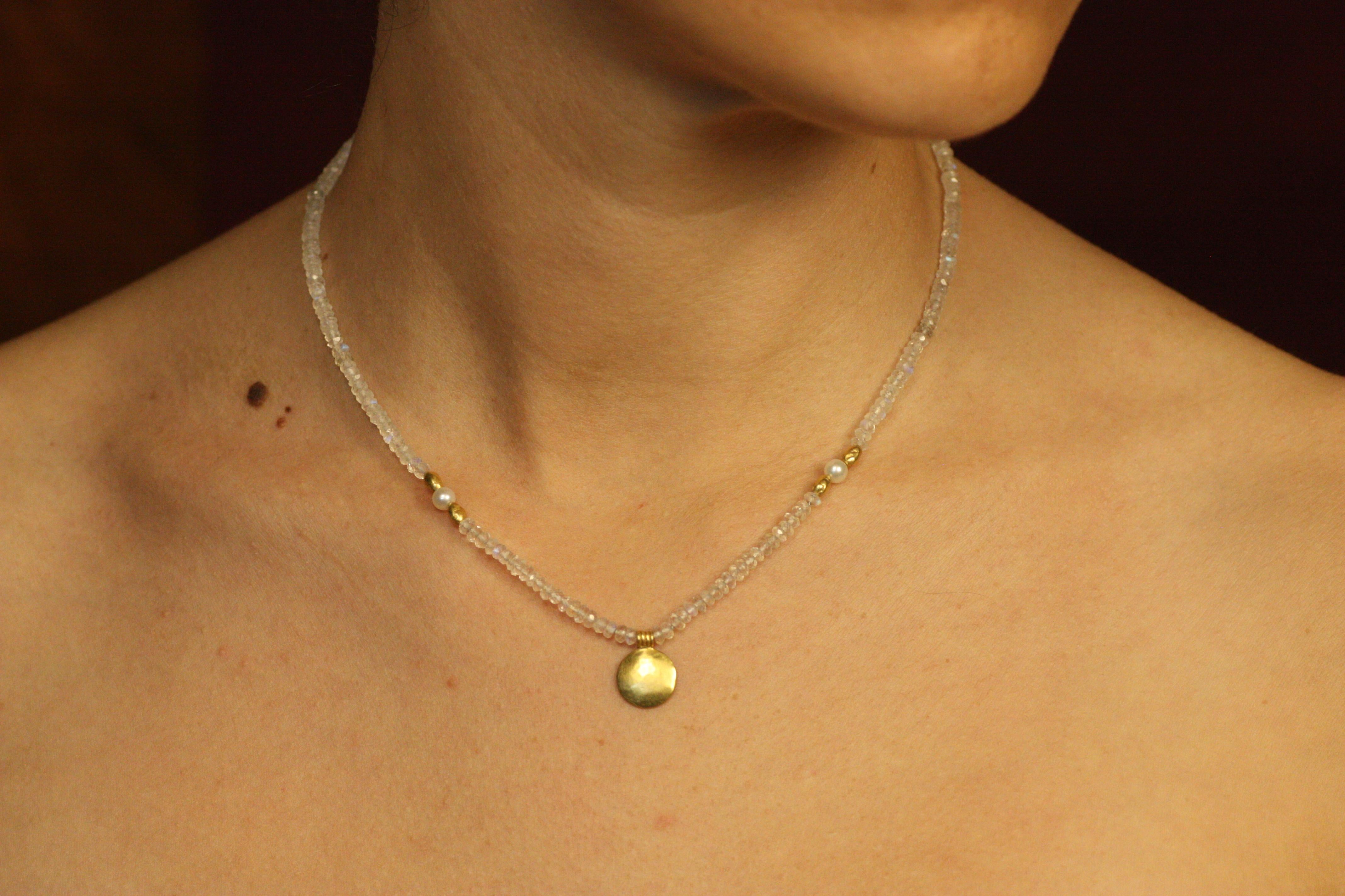 22K Sun Disc Moonstone Beaded Necklace – Pearls, Gold Nuggets, Egyptian Revival For Sale 5