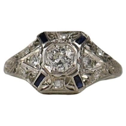 22K White Gold Old Euro Cut W/ Accent Diamonds & Sapphires For Sale