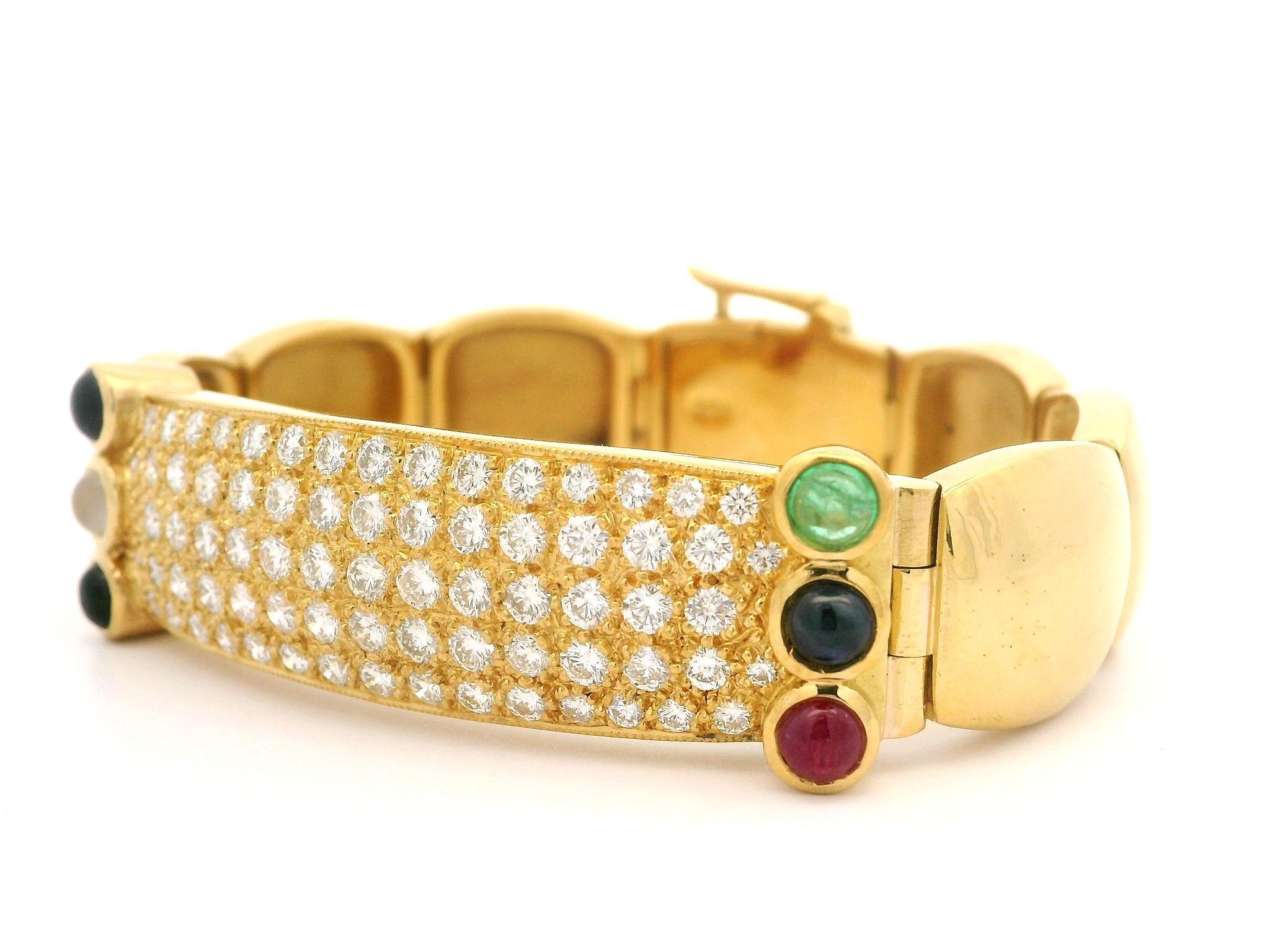 Brilliant Cut 22k Yellow Gold 3.50ctw Fiery Diamond & Cab Gemstone Accents Wide ID Bracelet For Sale