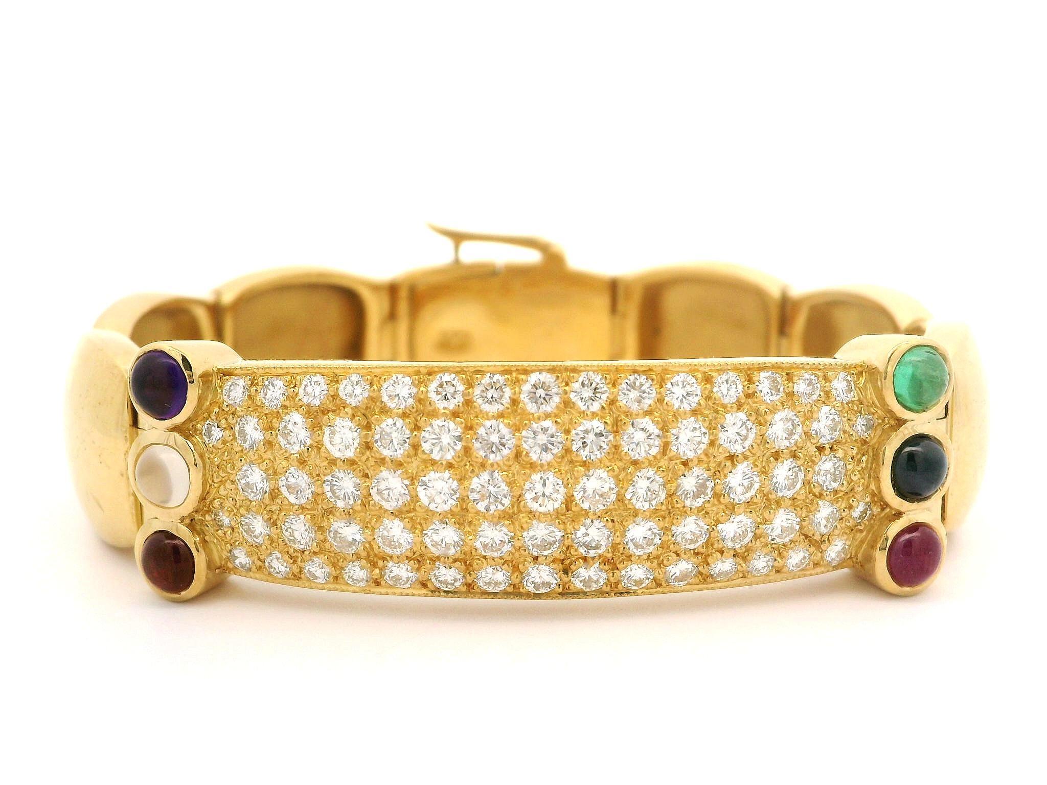 22k Yellow Gold 3.50ctw Fiery Diamond & Cab Gemstone Accents Wide ID Bracelet For Sale 2