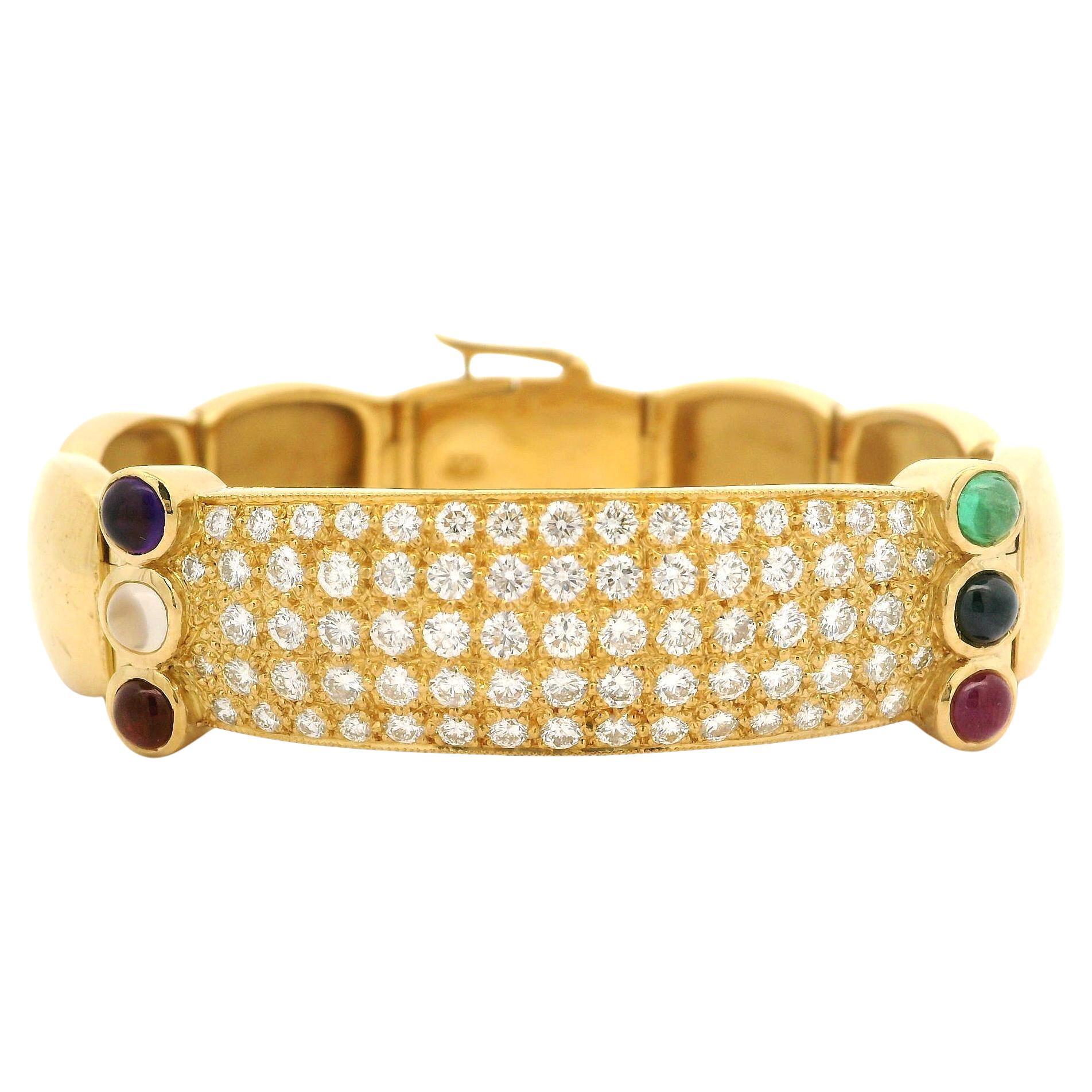 22k Yellow Gold 3.50ctw Fiery Diamond & Cab Gemstone Accents Wide ID Bracelet For Sale