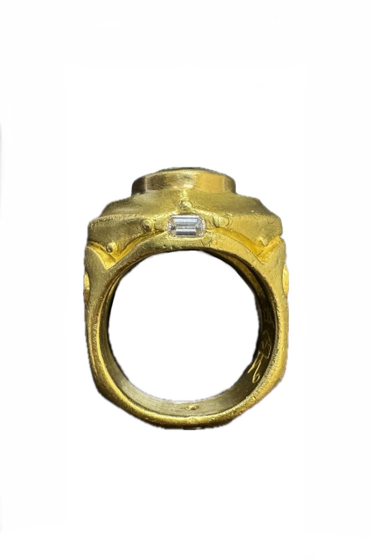 22K Yellow Gold 5 Carat Round Mint Tourmaline Diamond Egyptian Revival Ring In Excellent Condition For Sale In Los Angeles, CA