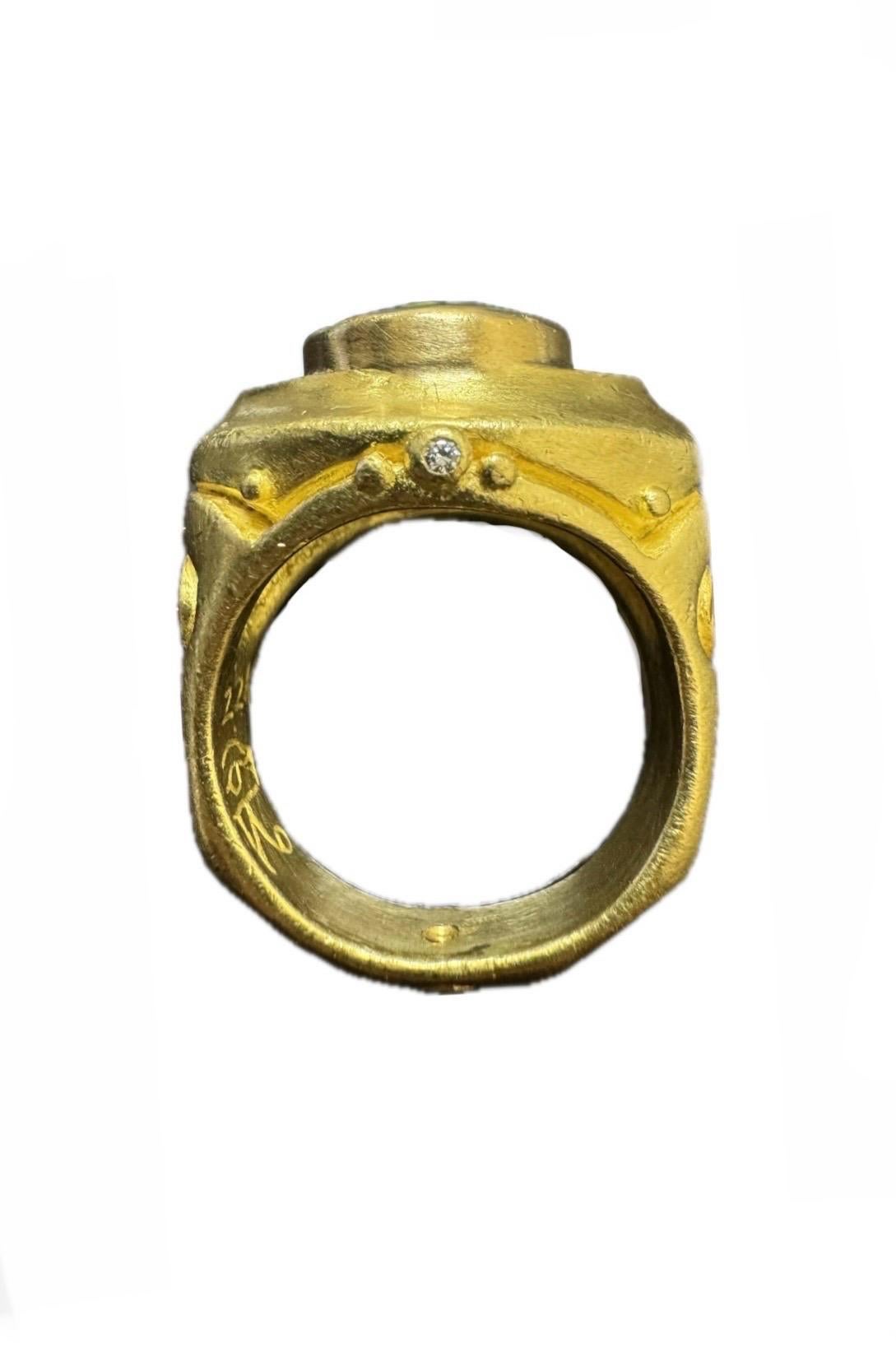 Women's or Men's 22K Yellow Gold 5 Carat Round Mint Tourmaline Diamond Egyptian Revival Ring For Sale