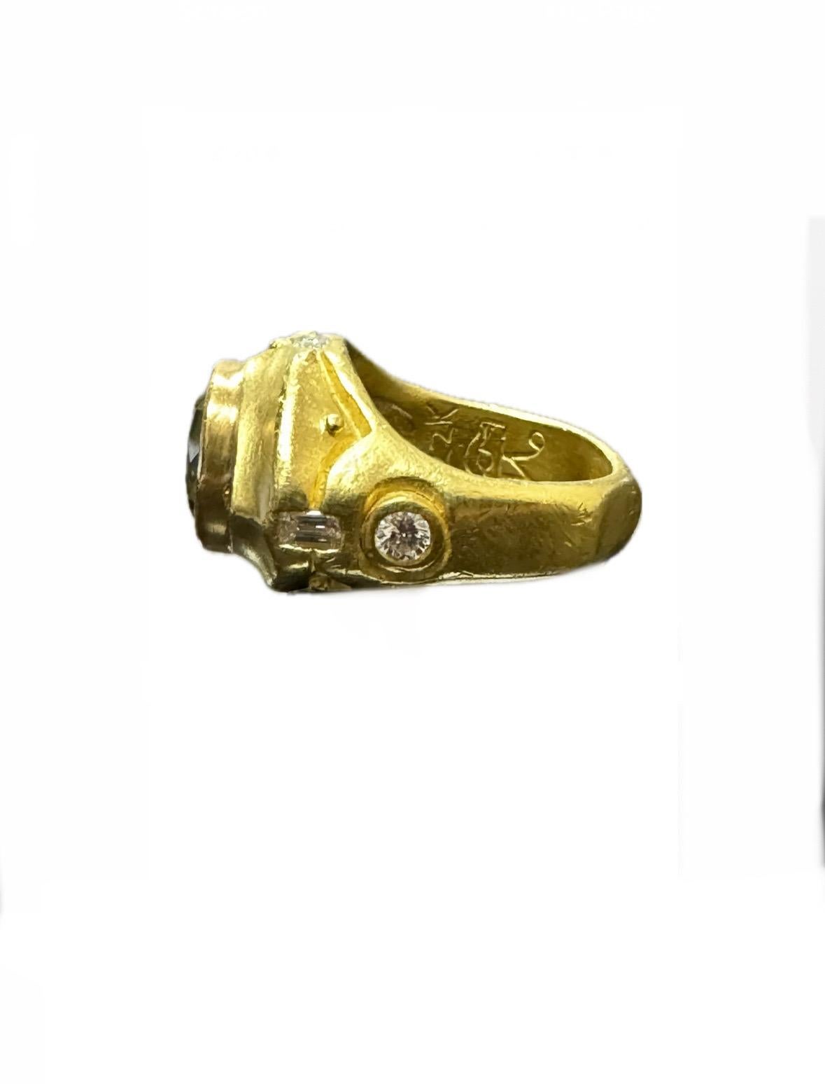 22K Yellow Gold 5 Carat Round Mint Tourmaline Diamond Egyptian Revival Ring For Sale 1