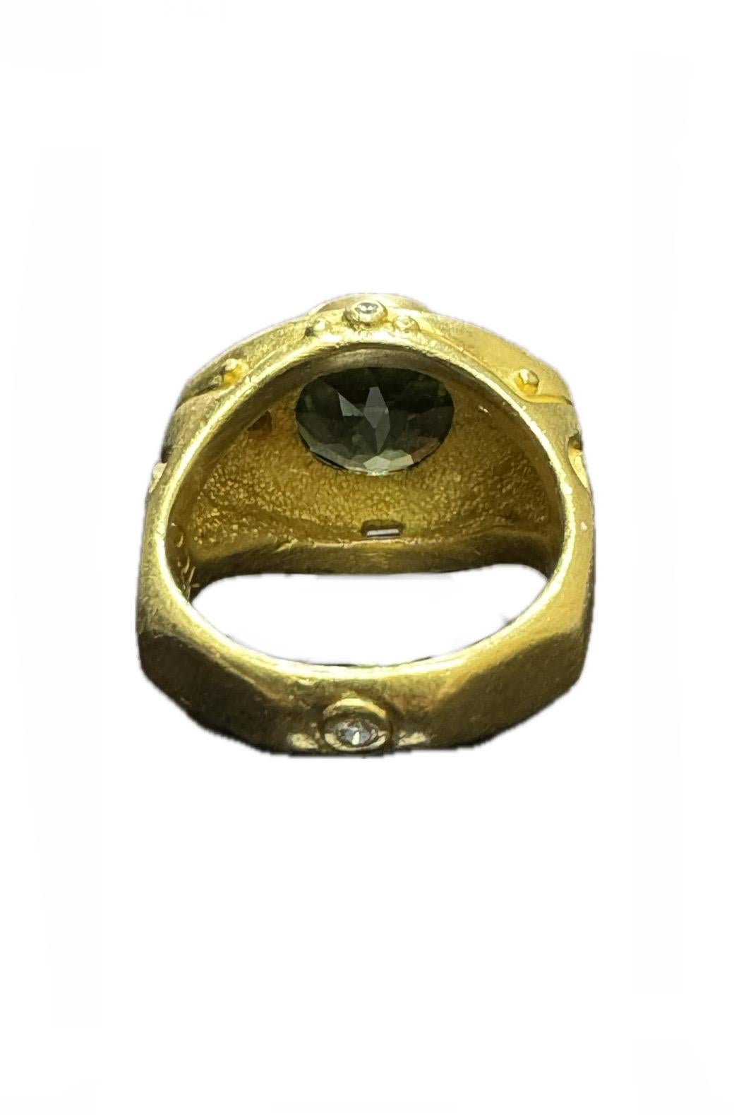 22K Yellow Gold 5 Carat Round Mint Tourmaline Diamond Egyptian Revival Ring For Sale 3