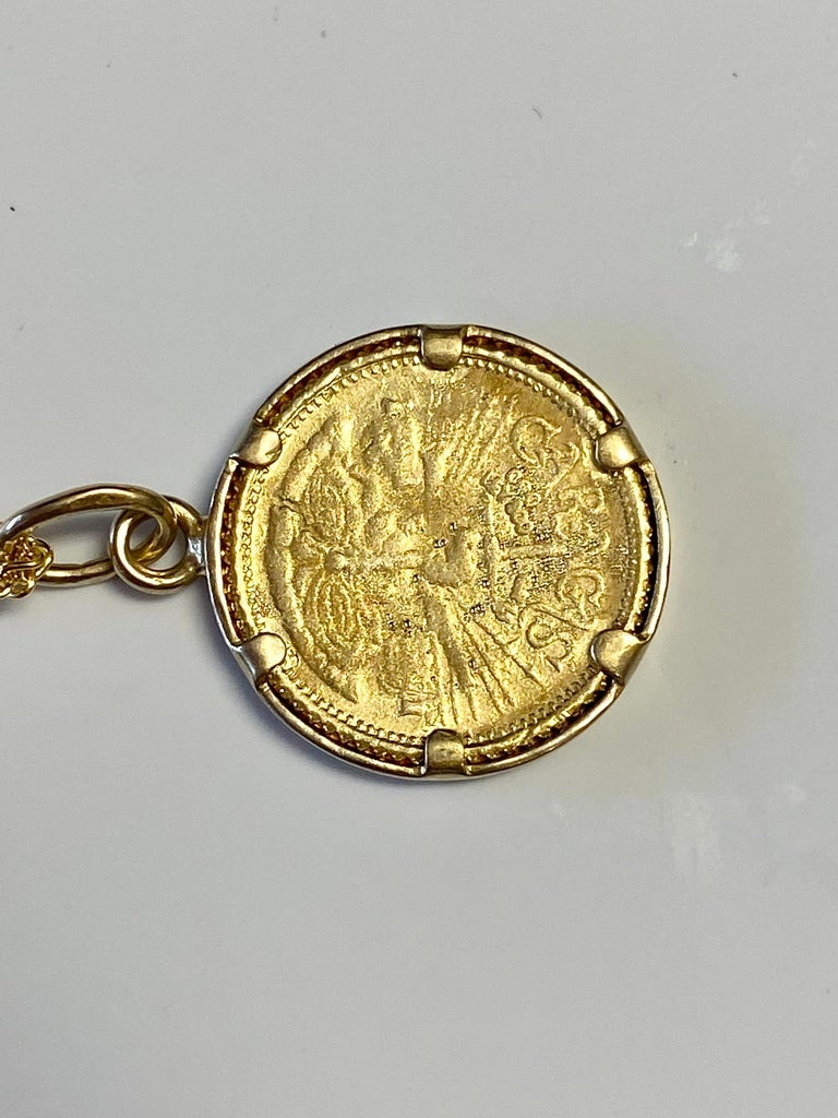 Women's or Men's 22K Yellow Gold Antique 1567 AD Venezuelan Coin Pendant Necklace For Sale