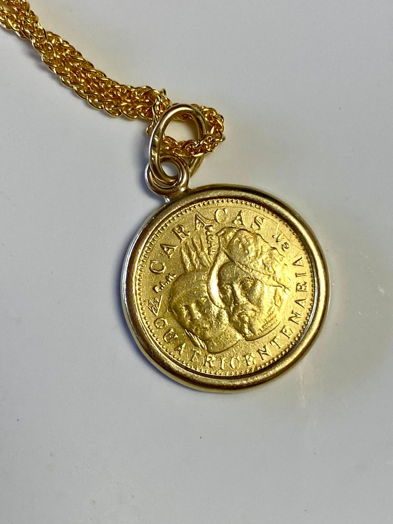 22K Yellow Gold Antique 1567 AD Venezuelan Coin Pendant Necklace For Sale 1