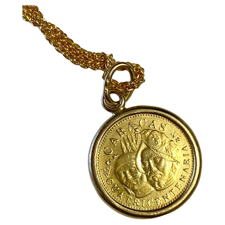22K Yellow Gold Antique 1567 AD Venezuelan Coin Pendant Necklace For Sale