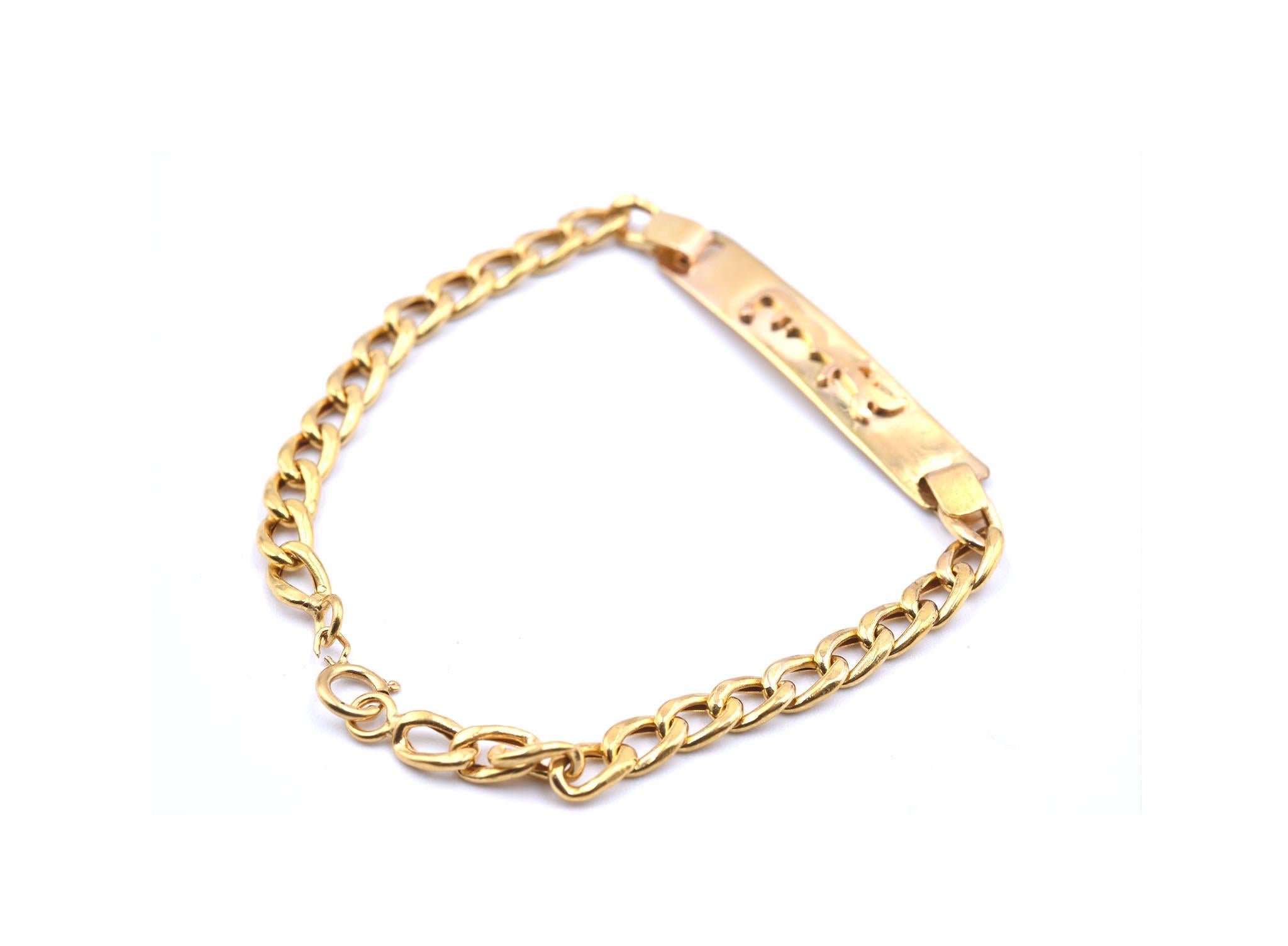 Designer: custom design
Material: 22k yellow gold
Dimensions: bracelet is 6-inches long and 6.19mm wide
Weight: 4.10 grams
