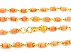 22k Yellow Gold Beads & Natural Coral 24" Long Chain Necklace w/ Hook Clasp