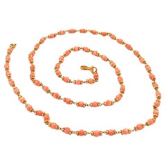 22k Yellow Gold Beads & Natural Coral 24" Long Chain Necklace w/ Hook Clasp