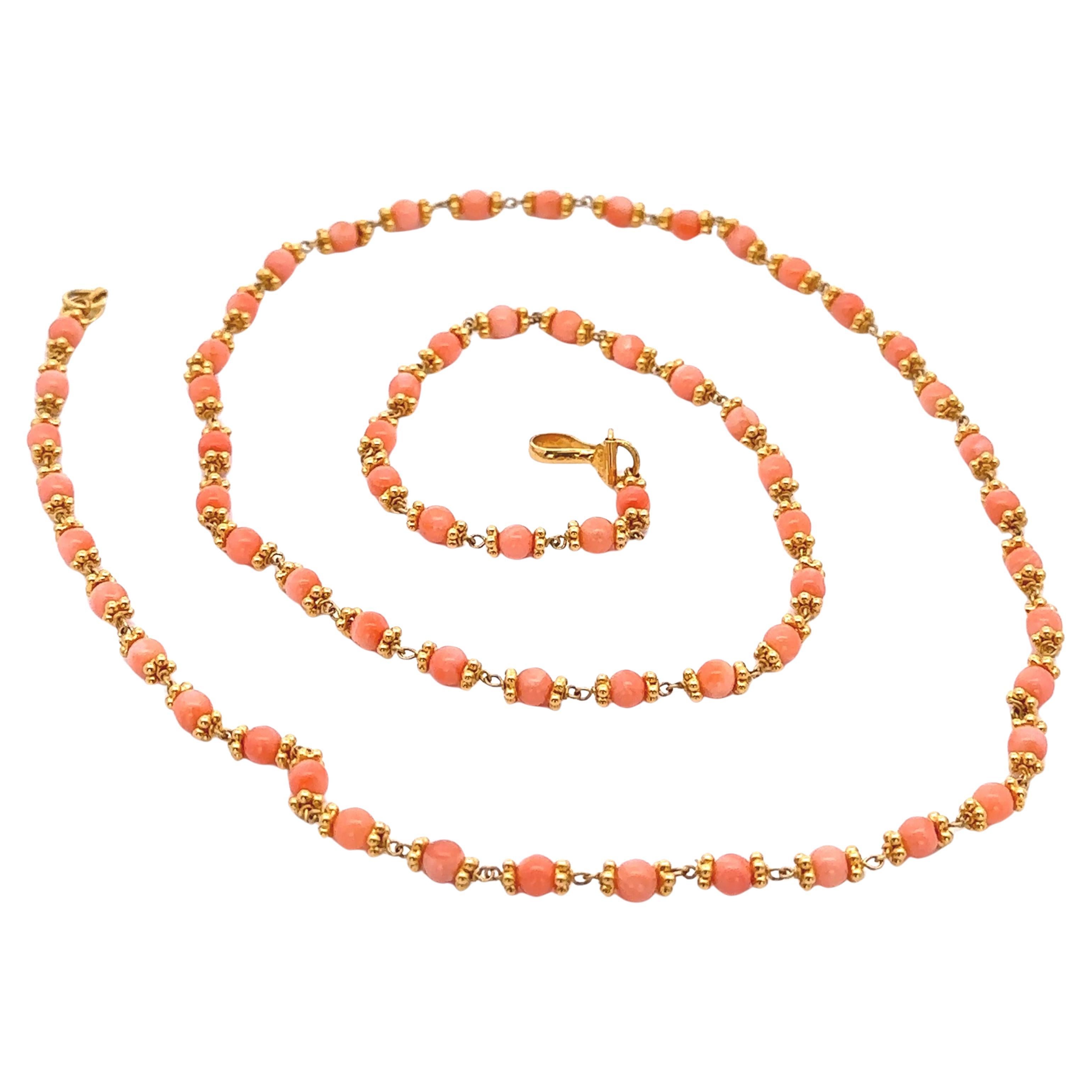 22k Yellow Gold Beads & Natural Coral 24" Long Chain Necklace w/ Hook Clasp For Sale