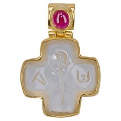 22k Yellow Gold Carved Quartz and Ruby Cross