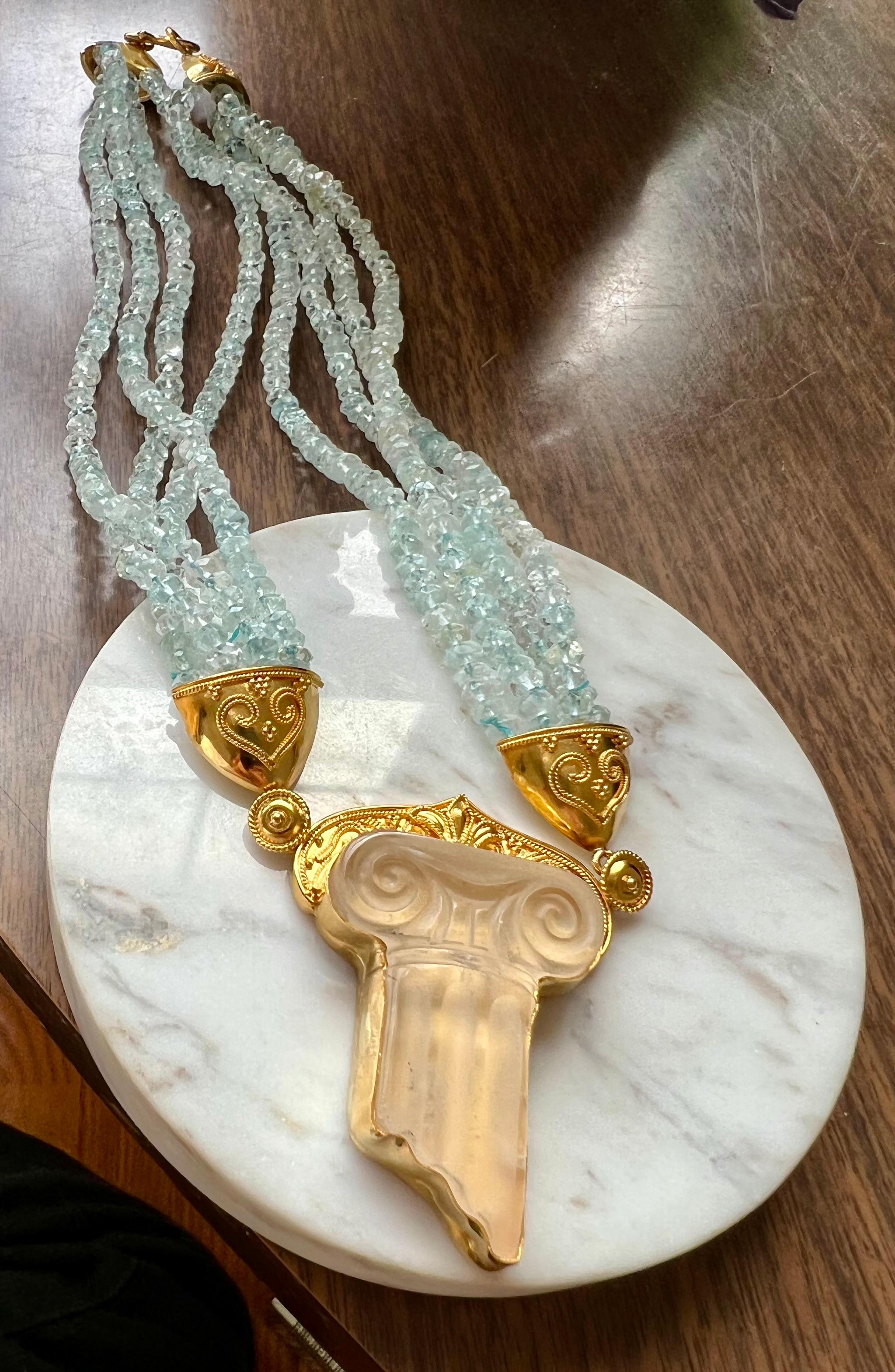 22K Yellow Gold Carved Quartz Roman Column & Blue Zircon Beaded Necklace For Sale 2