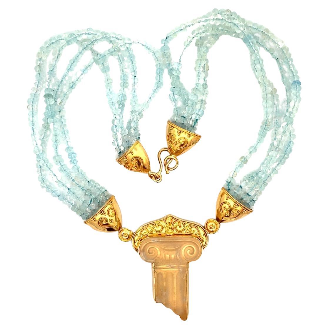 22K Yellow Gold Carved Quartz Roman Column & Blue Zircon Beaded Necklace For Sale